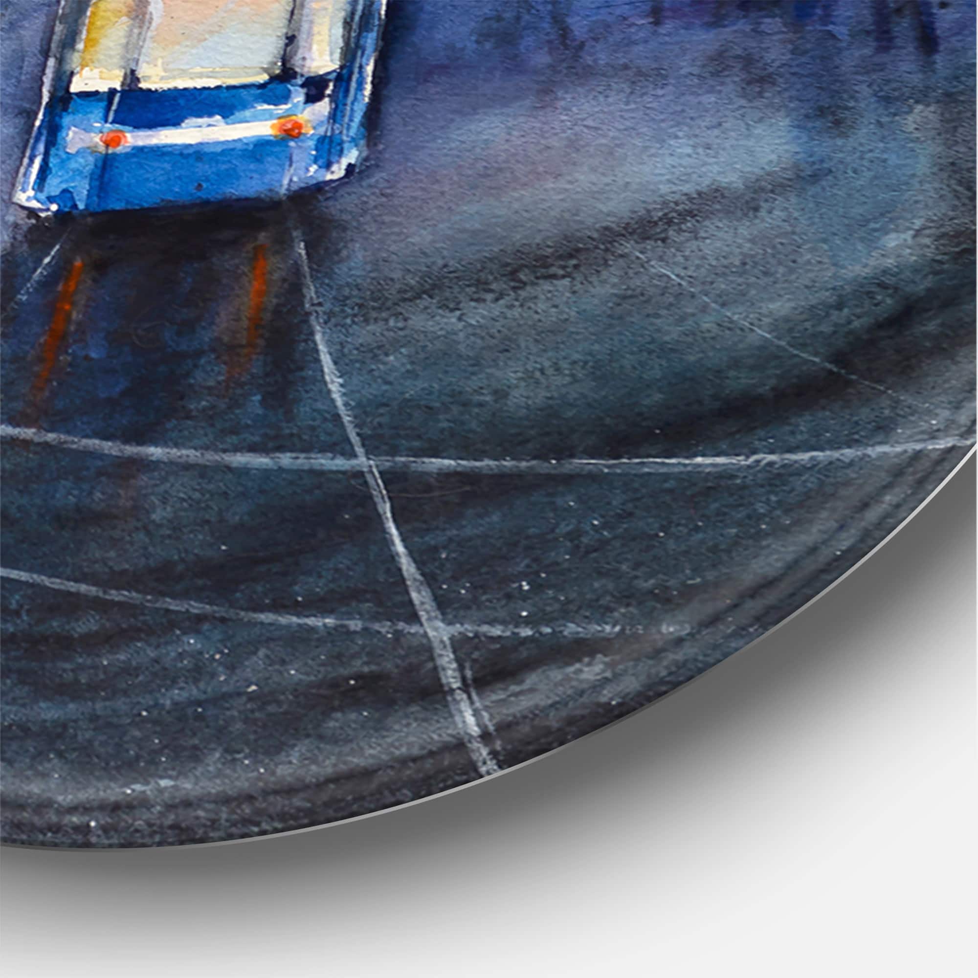 Designart - Blue Tram At Sunset With Church During Sunset