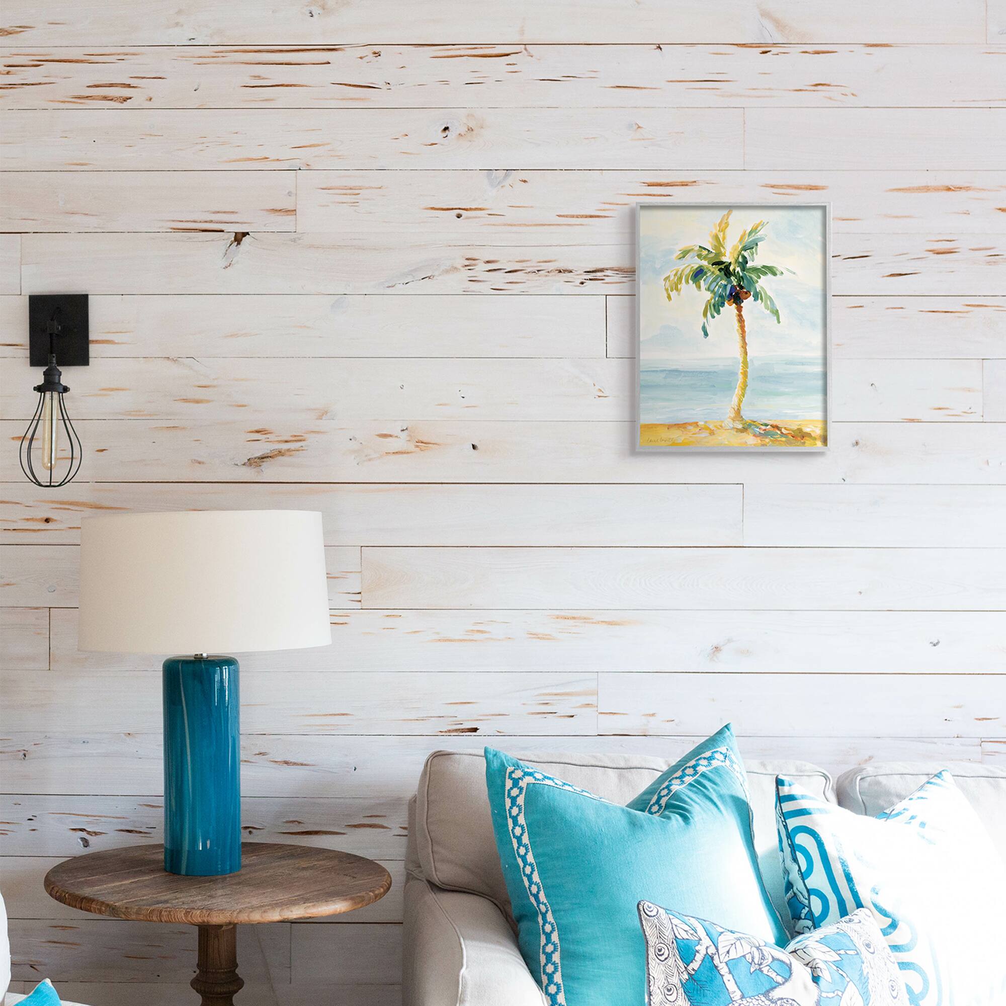 Stupell Industries Palm Tree with Coconuts on Beach Sand in Gray Frame Wall Art