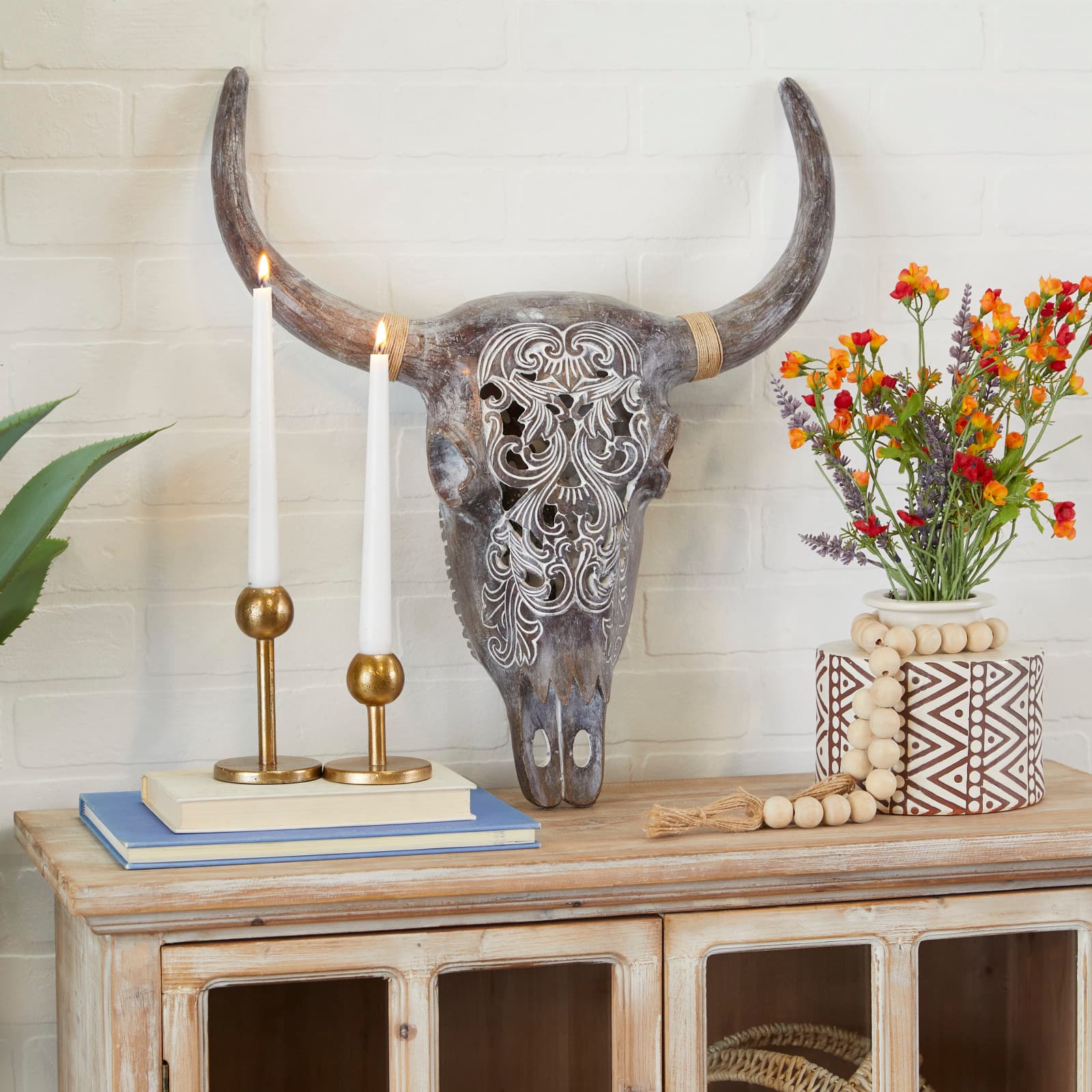 Grey Resin Bohemian Skull Wall Decor 5" x 20" x 23"
