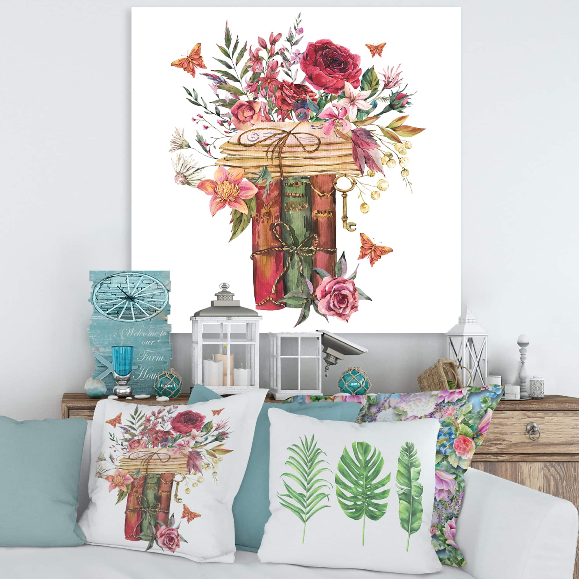 Designart - Vintage Old Books With Wildflowers - Farmhouse Canvas Wall Art Print