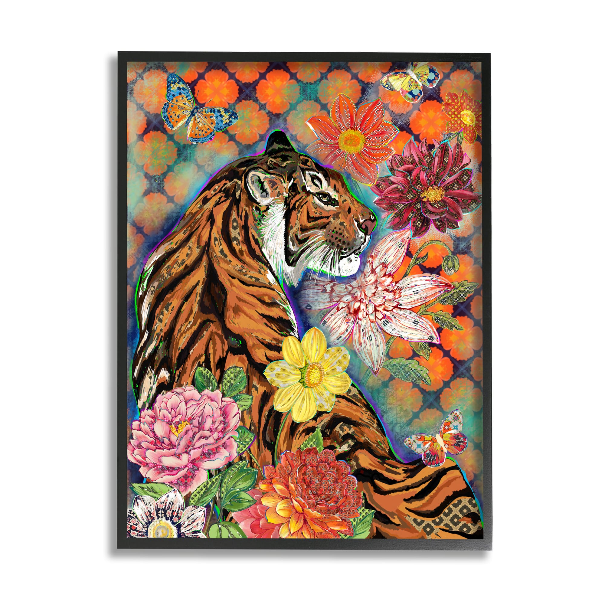 Stupell Industries Jungle Tiger Cat Over Orange Arabesque Floral Pattern in Black Frame Wall Art
