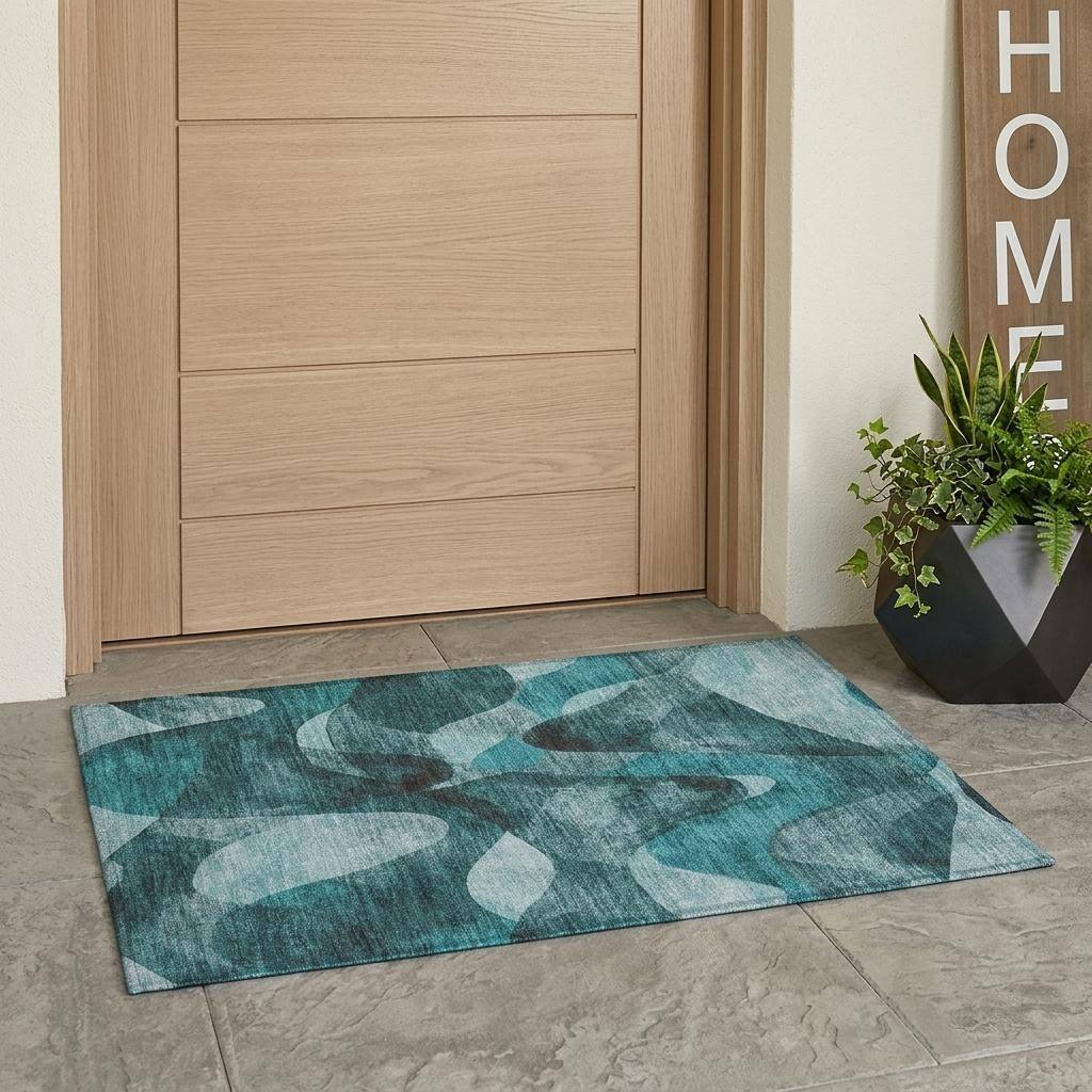 HomeRoots 30" x 20" Teal Abstract Washable Non-Skid Indoor/Outdoor Area Rug
