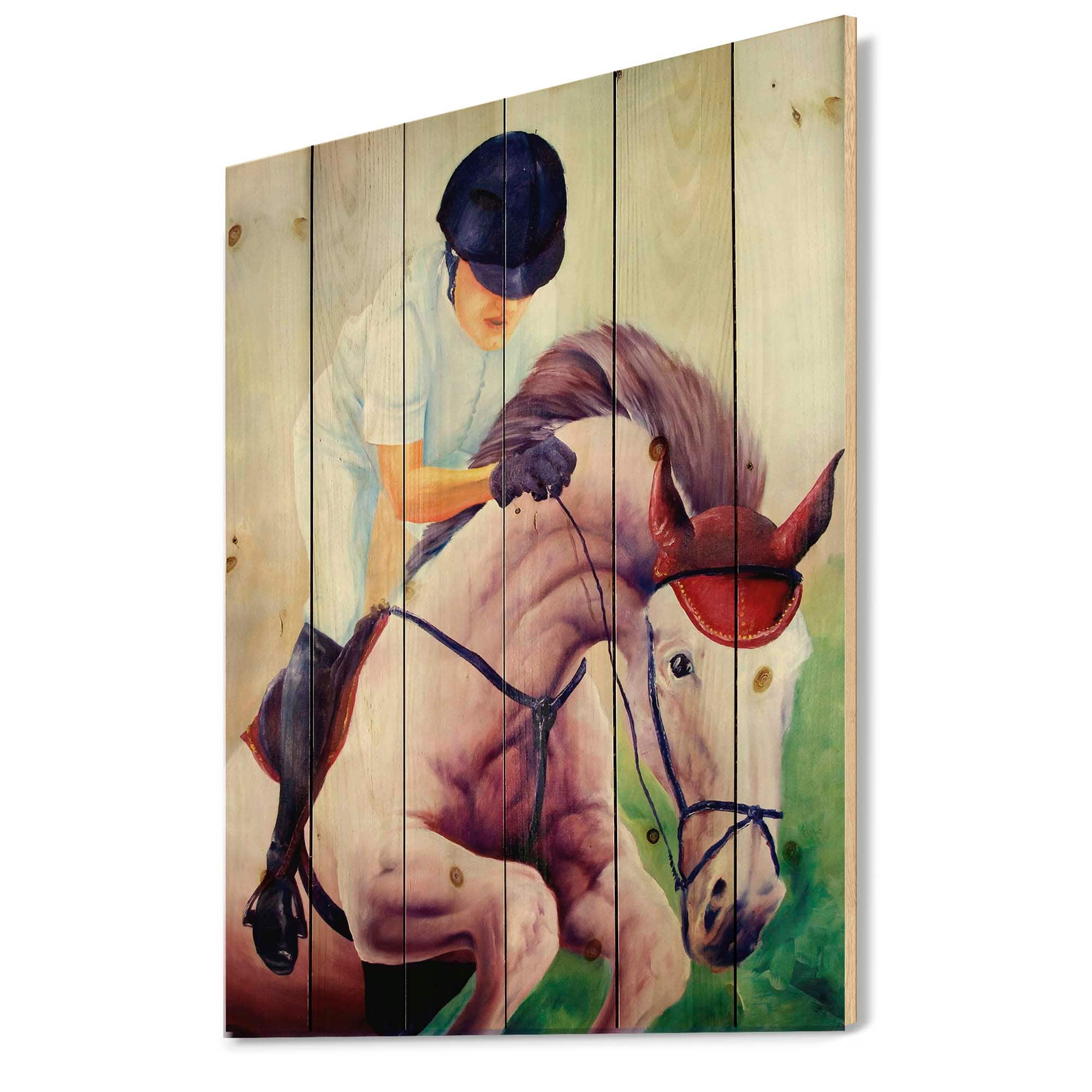Designart - Jockey On Galoping Horse - Farmhouse Print on Natural Pine Wood