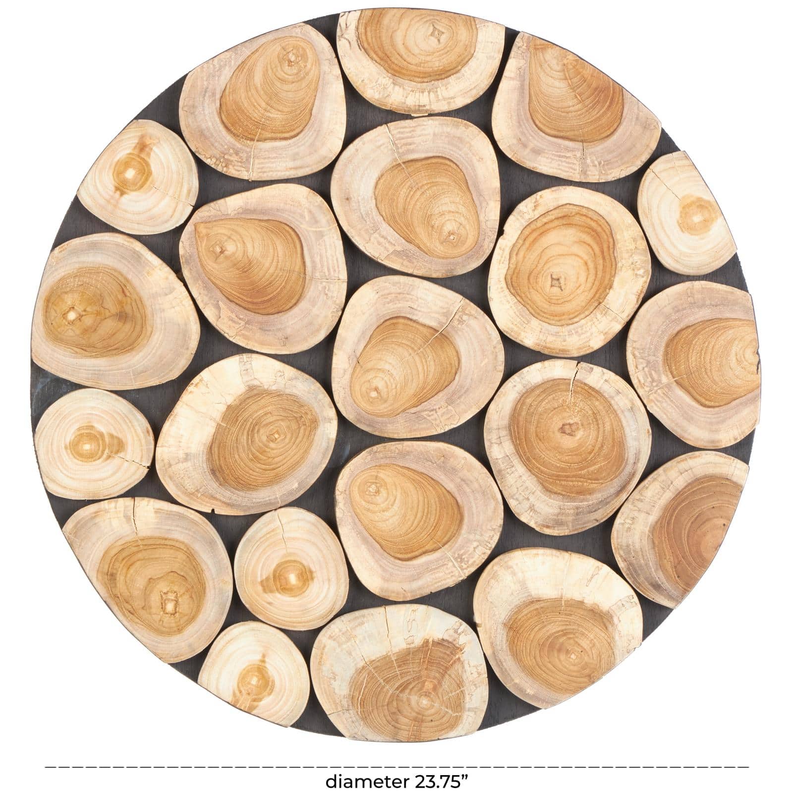 24" x 24" Brown Teak Wood Abstract Handmade Round Mosaic Inspired Wood Slab with Black Backing Wall Décor