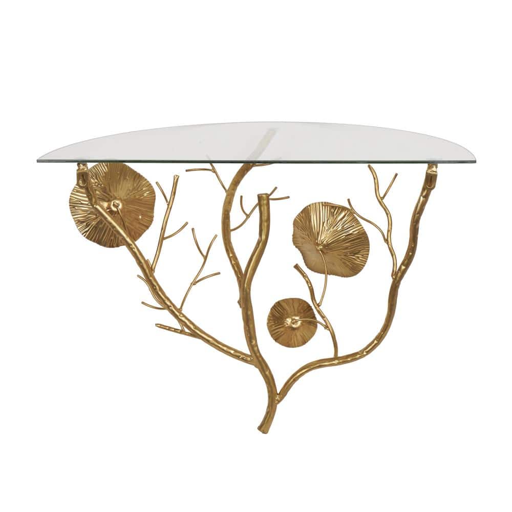 24" x 16" Gold Metal Branch Floral Wall Shelf with Glass Top