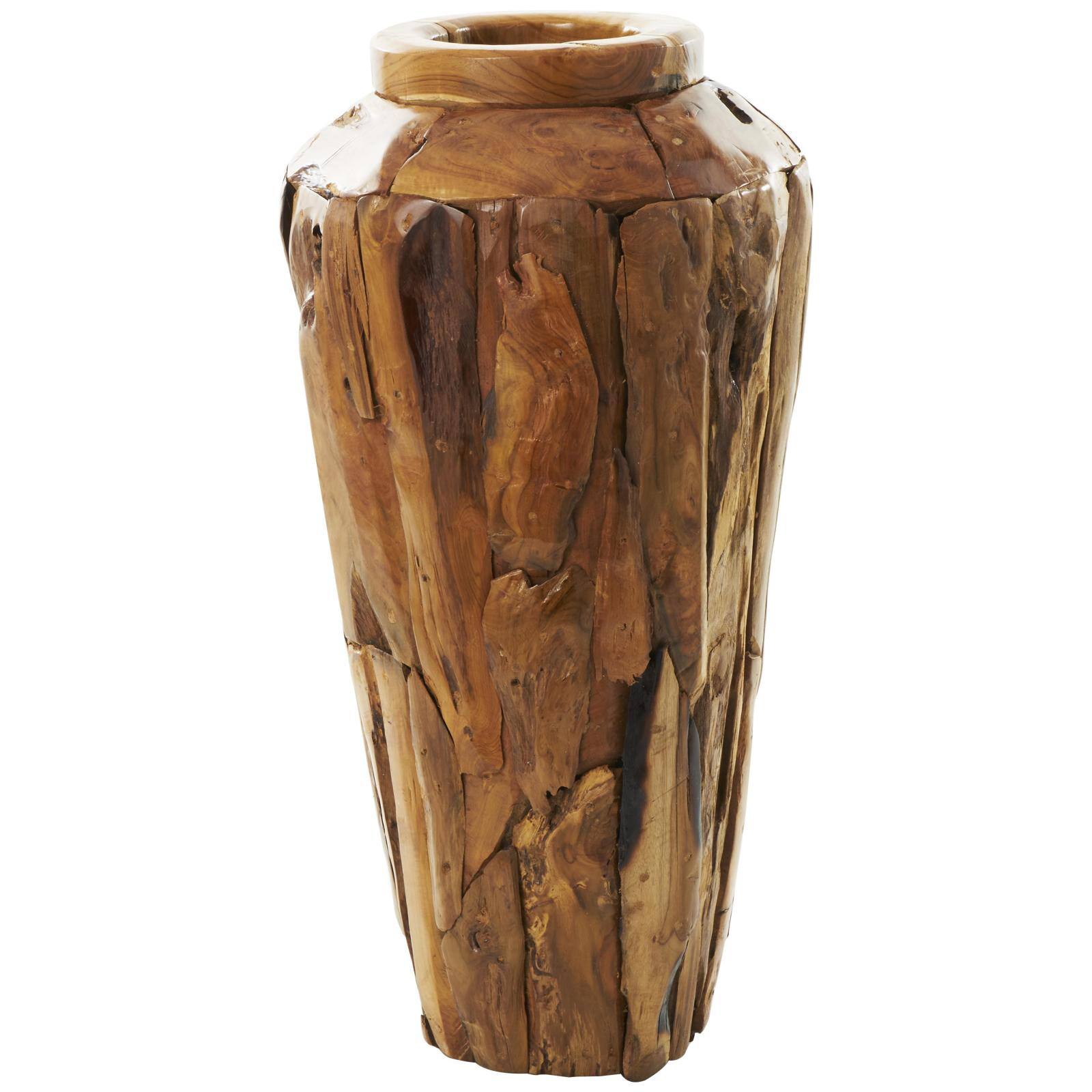 Brown Teak Wood Handmade Tall Floor Vase with Mosaic Live Edge