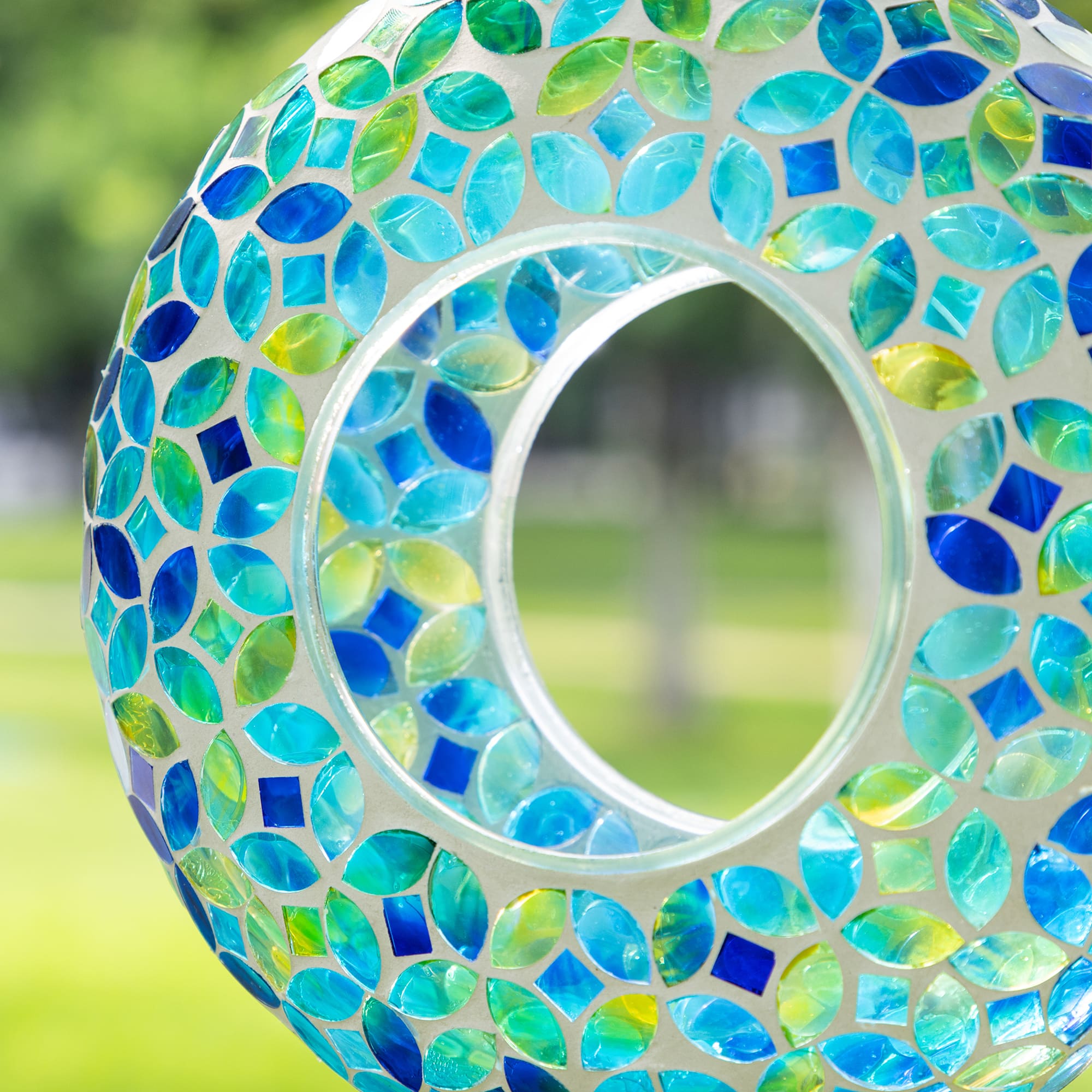 Glitzhome® 8" Glass Round Hanging Blue & Green Mosaic Birdfeeder