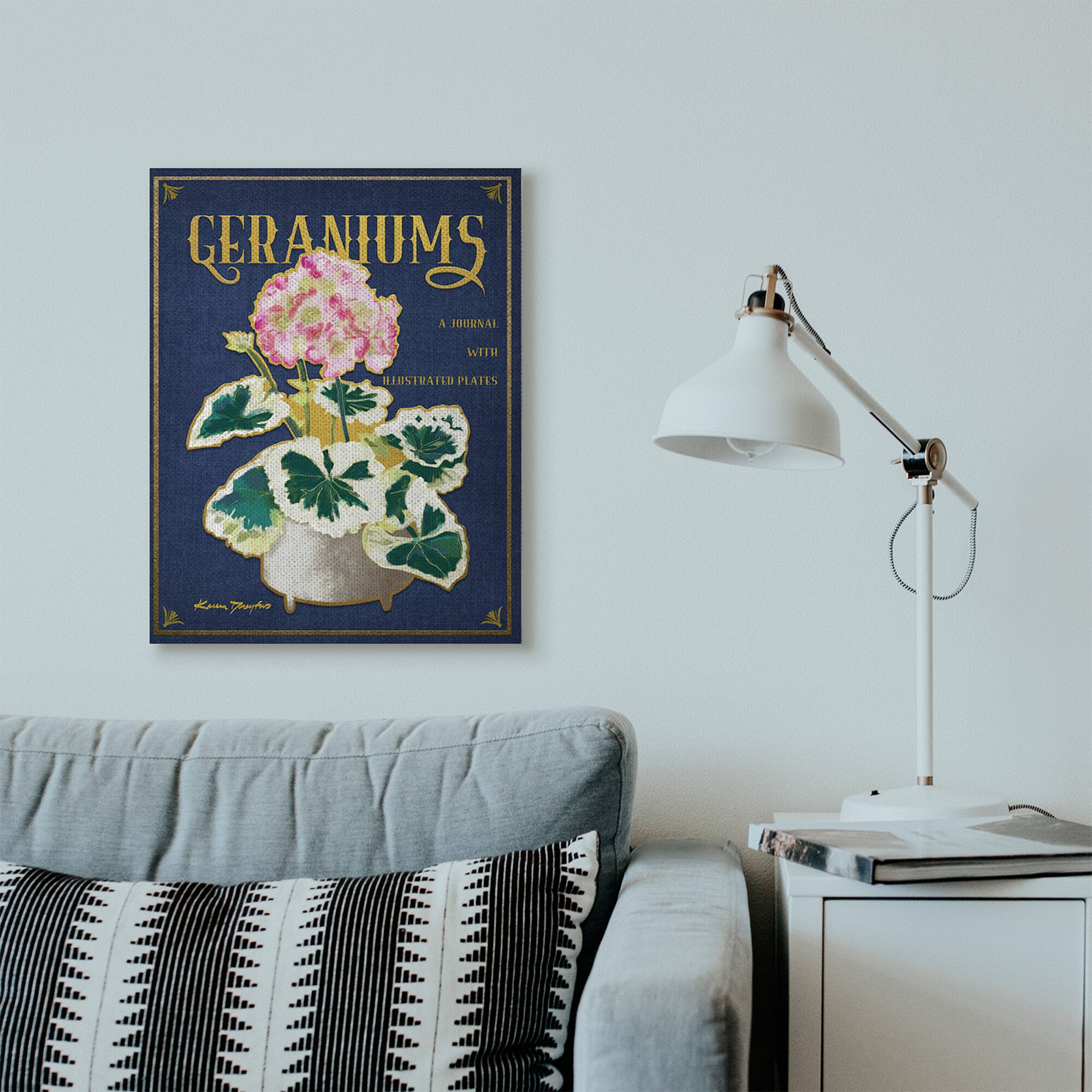 Stupell Industries Geraniums Blue Gold Flower Word Design Canvas Wall Art