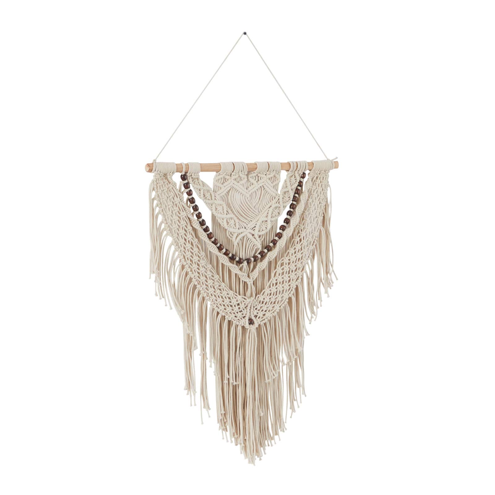 Cream Cotton Intricately Weaved Macrame Wall Decor with Beaded Fringe Tassels 25" x 1" x 44"