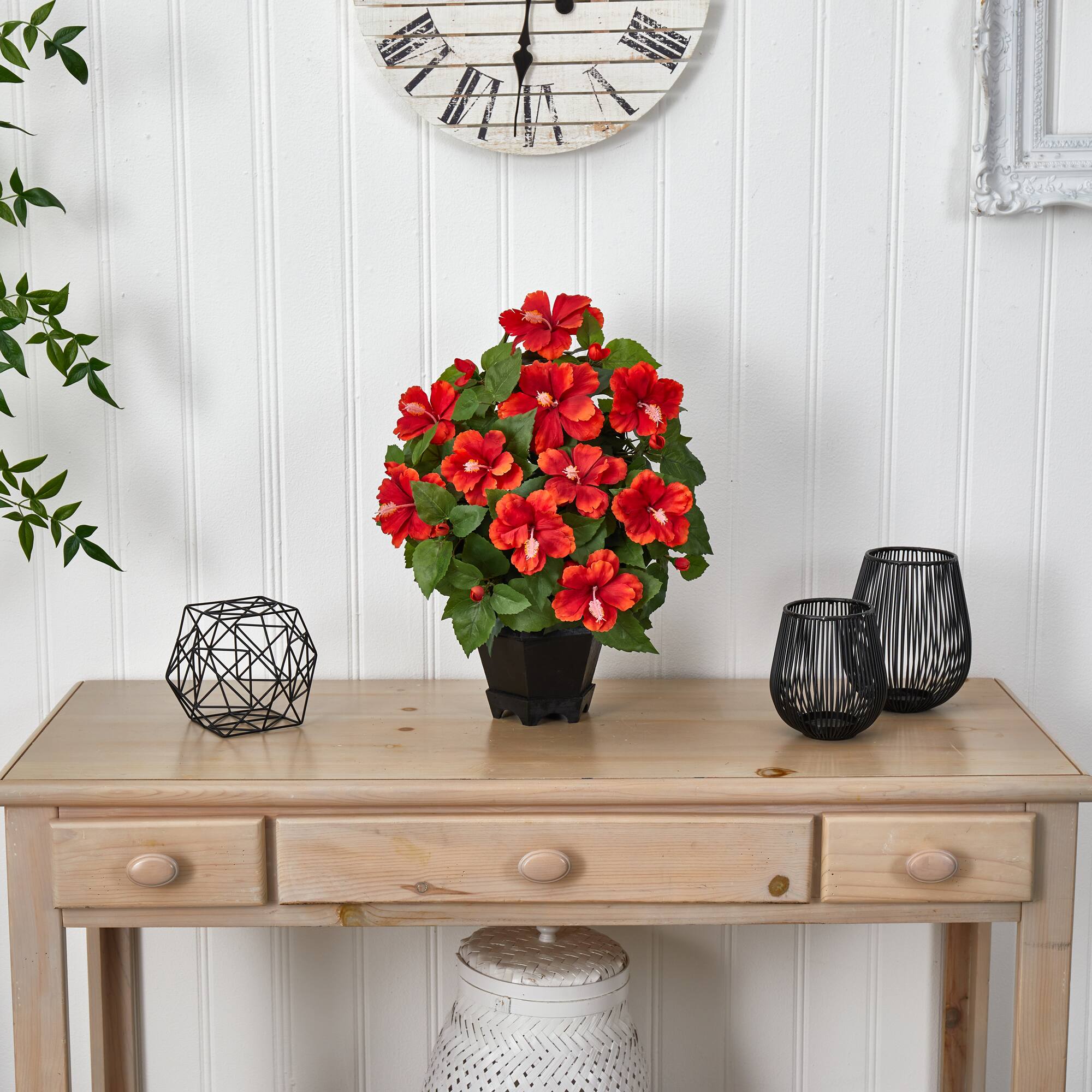20" Orange Hibiscus with Black Hexagon Vase
