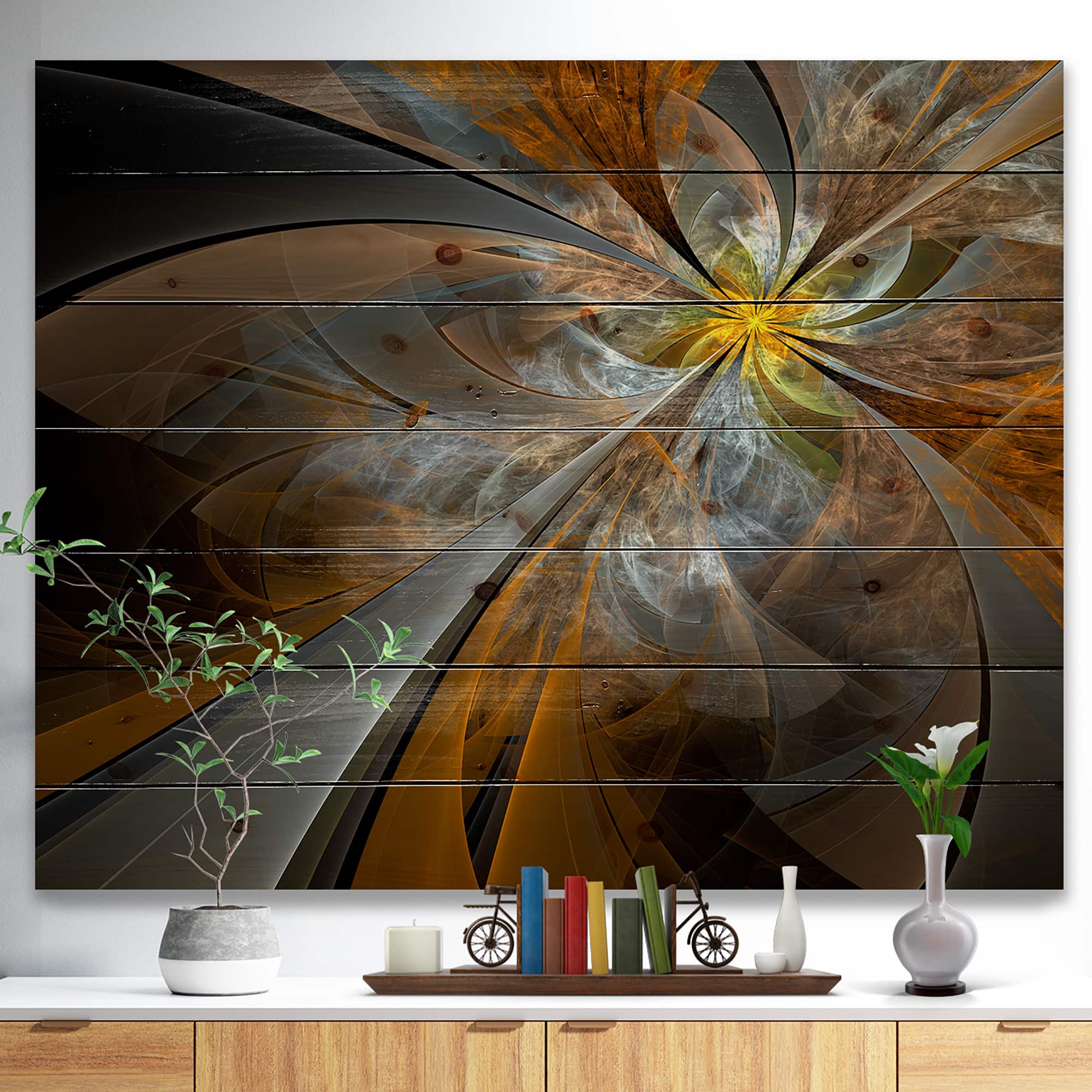 Designart - Symmetrical Yellow Fractal Flower - Abstract Print on Natural Pine Wood