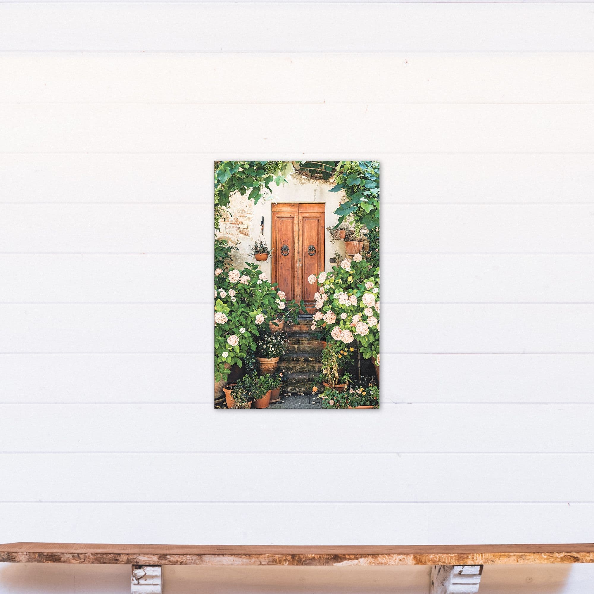 Wooden Door Hydrangeas 20" x 30" Canvas Wall Art