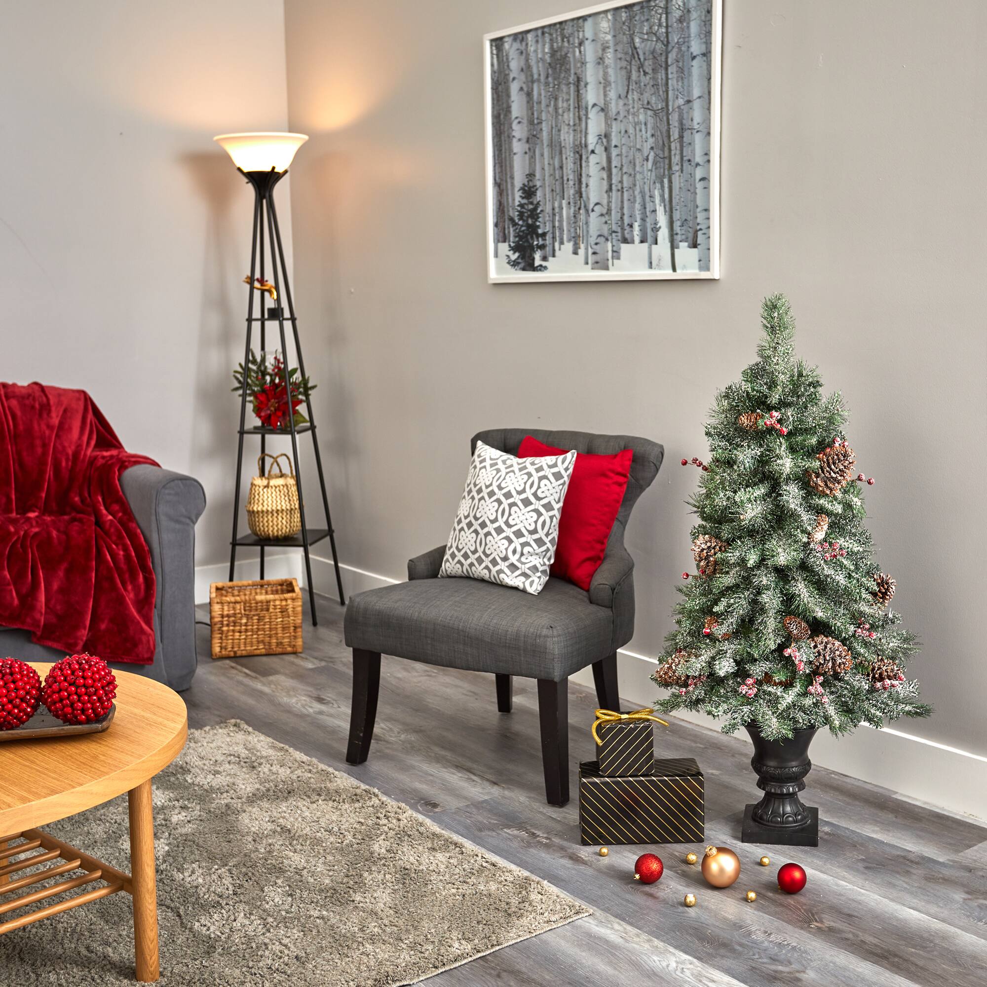 4ft. Pre-Lit Frosted Pine Artificial Christmas Tree with Pinecones & Berries, Clear LED Lights
