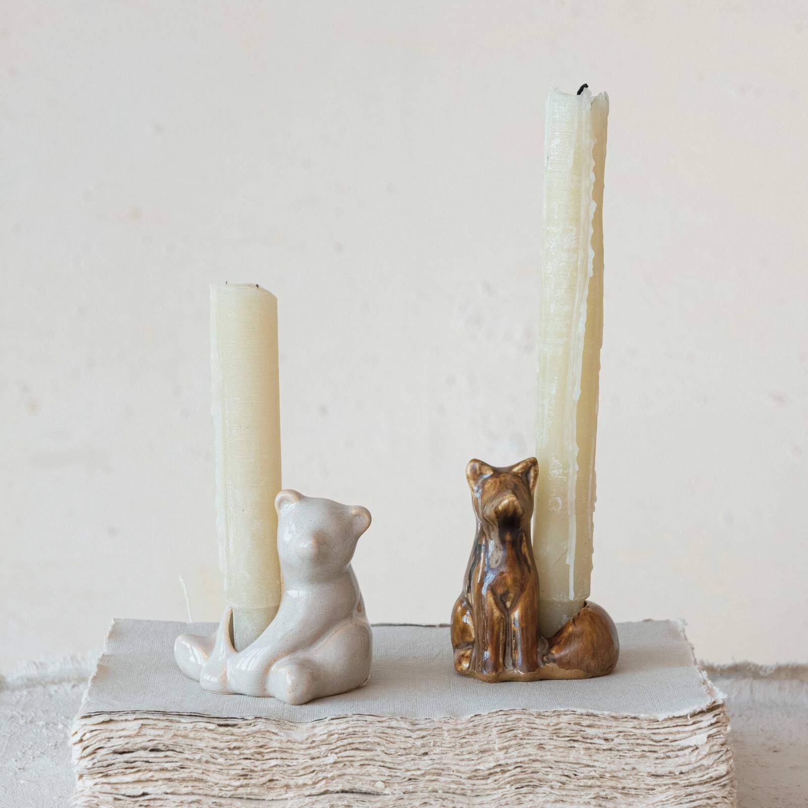 Hello Honey® 3.25" White Stoneware Bear Taper Candleholder with Reactive Glaze