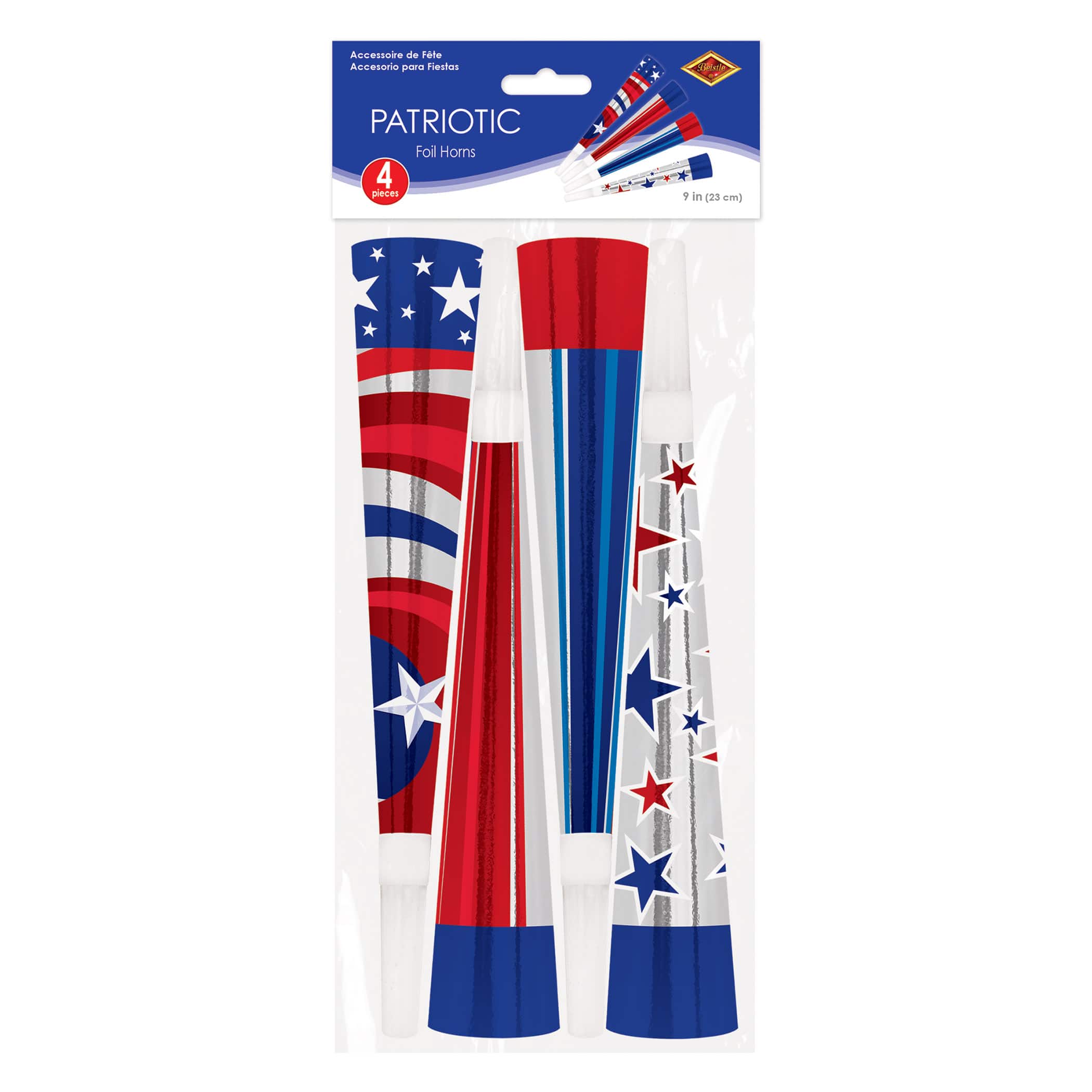 Beistle 9" Red, Silver & Blue Patriotic Foil Horns, 3 Packs of 4