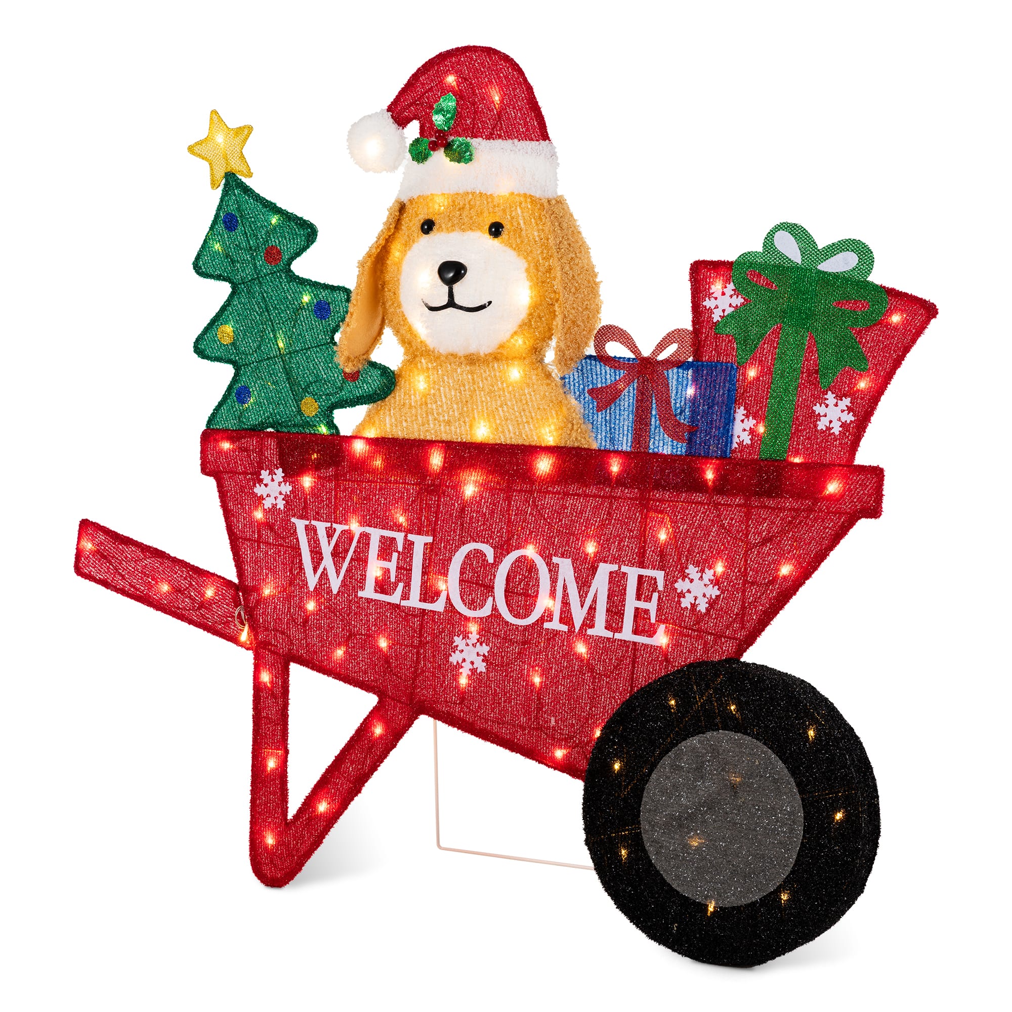 Glitzhome® 39.75" Christmas 2.5D Fabric Labrador Wheelbarrow with 90 Warm White LED Lights | 39.75" x 12.25" x 35.5" | Michaels®