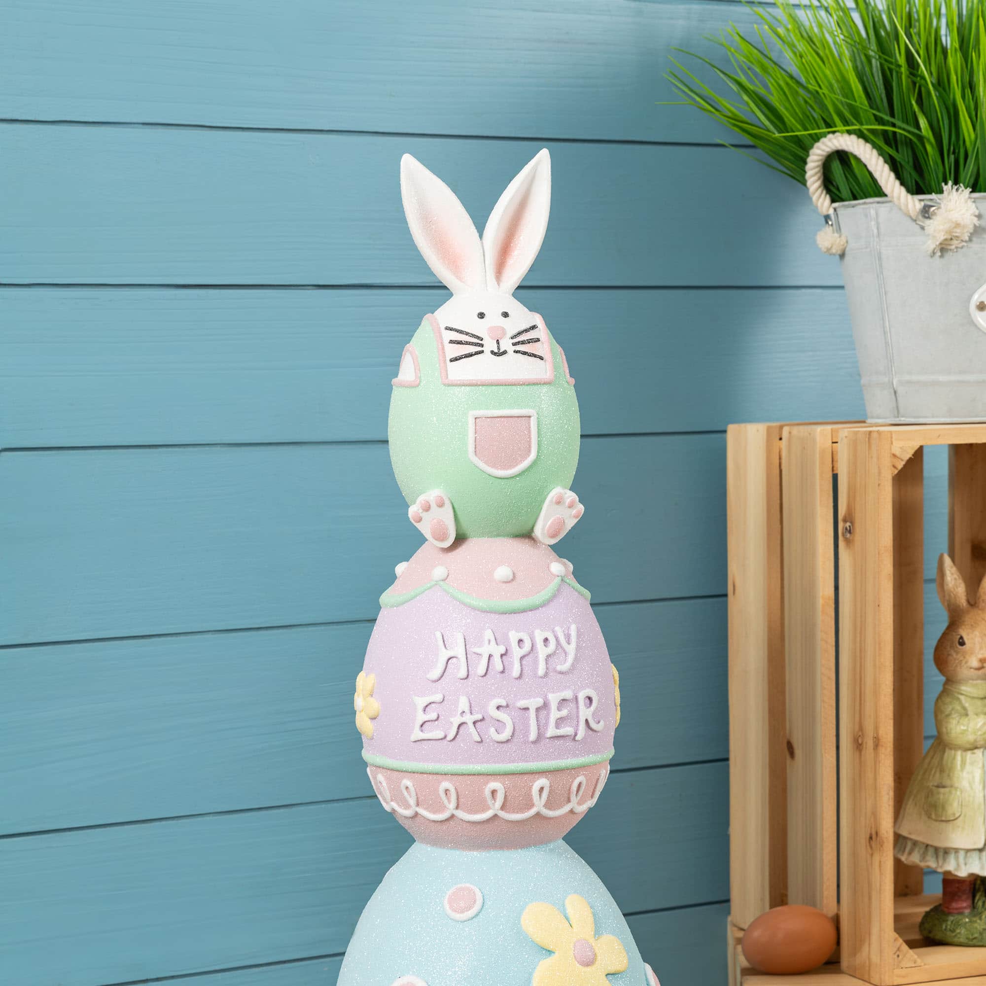Glitzhome® 30.5" Easter Resin Macaron Stacked Egg & Bunny Porch Decor