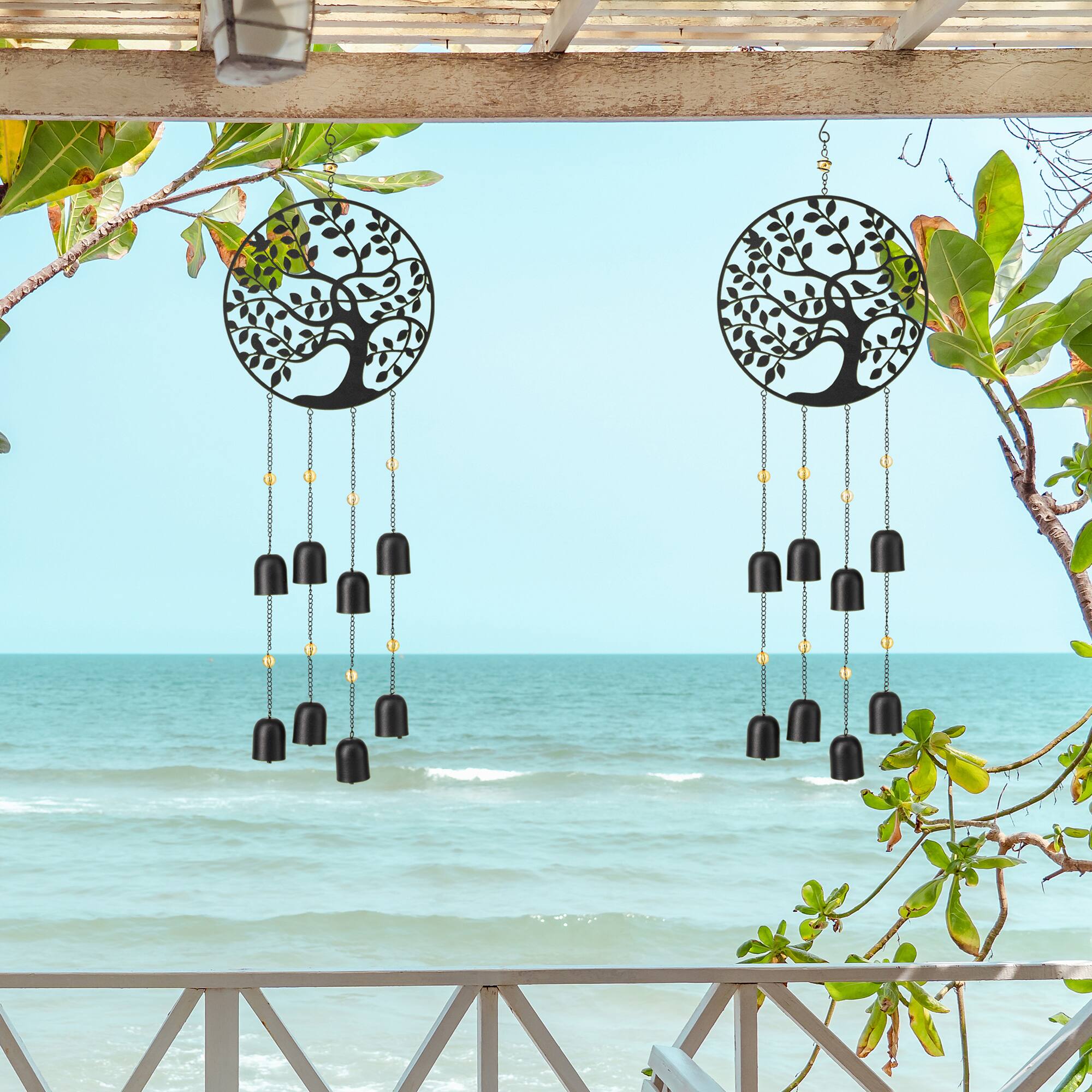 Glitzhome® Matte Black Metal Tree of Life Windchime with Bells