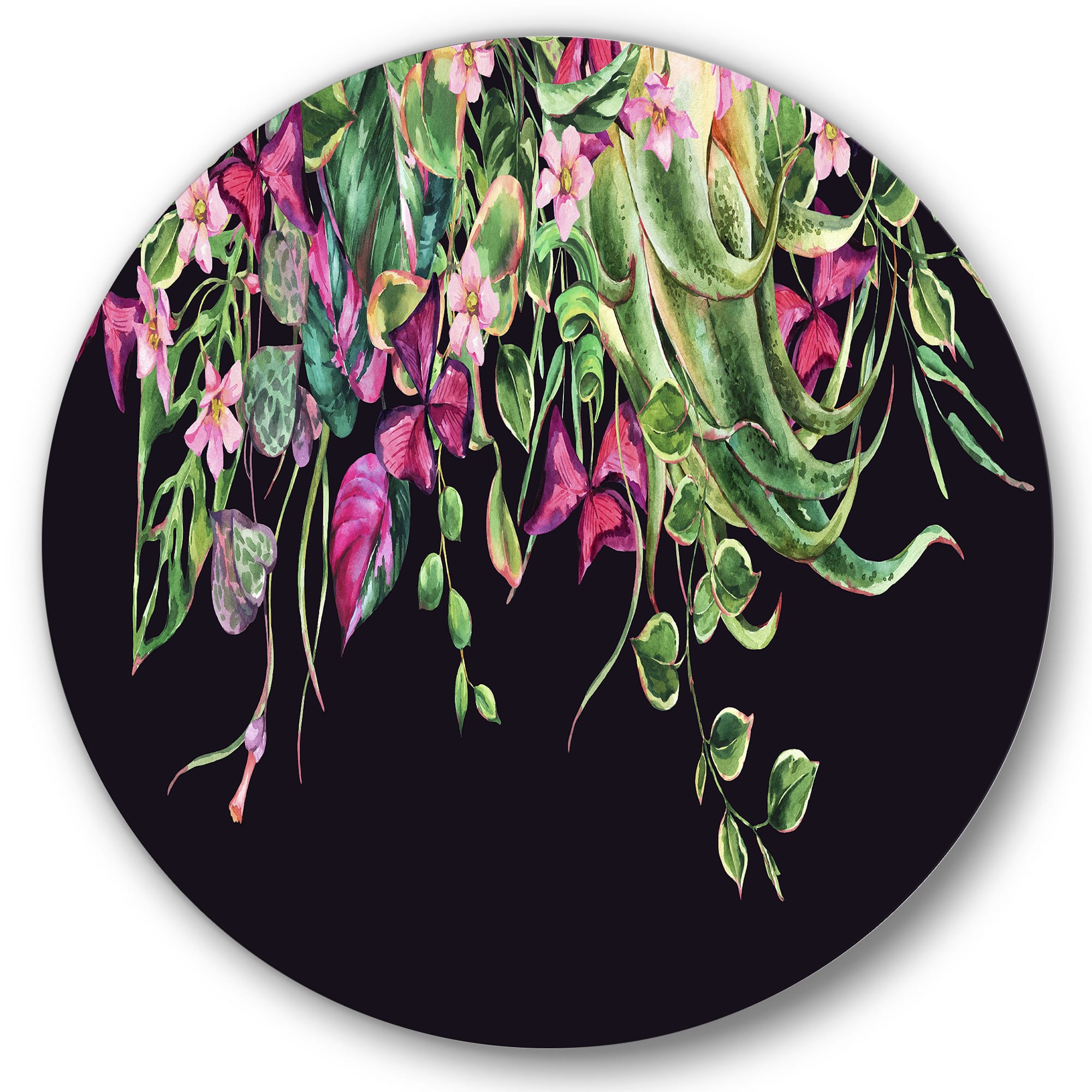 Designart - Floral Tropical Leaves Om Black - Farmhouse Metal Circle Wall Art