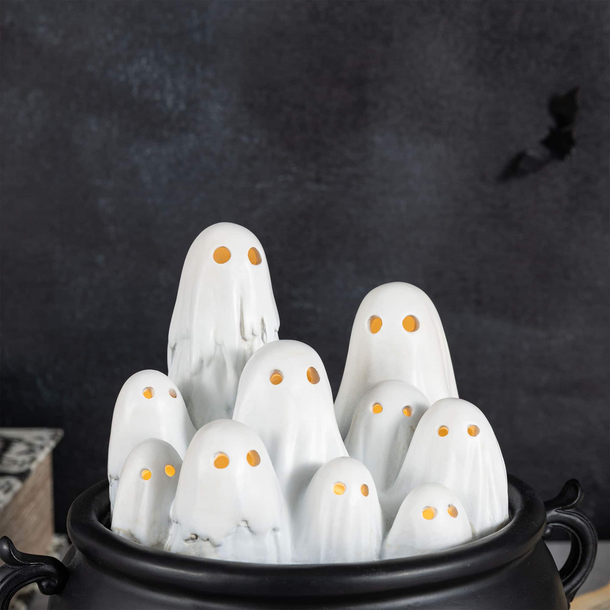 Glitzhome® 9" Halloween Lighted Polyresin Ghosts in Cauldron Table Decor with Timer
