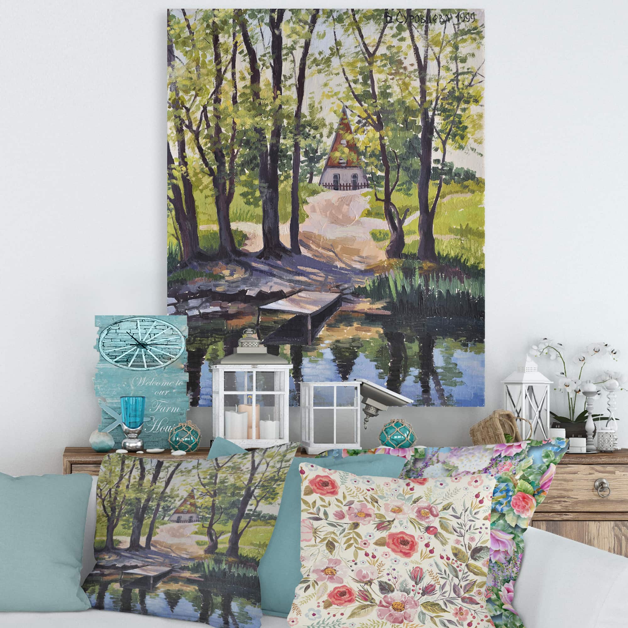 Designart - Mysterious House By The River In The Woods - Lake House Canvas Wall Art Print
