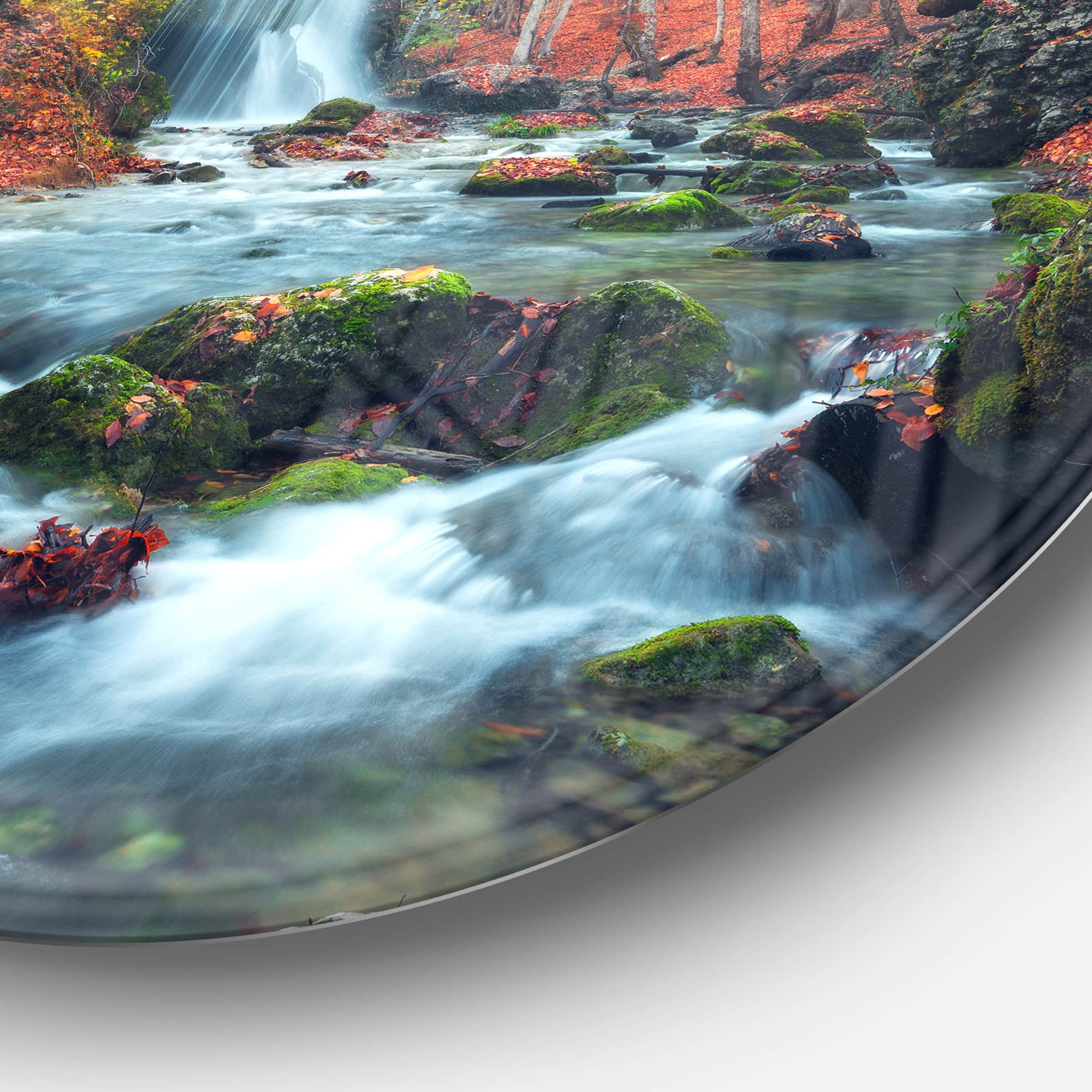 Designart - Autumn Mountain Waterfall Long View' Landscape Photography Circle Metal Wall Art