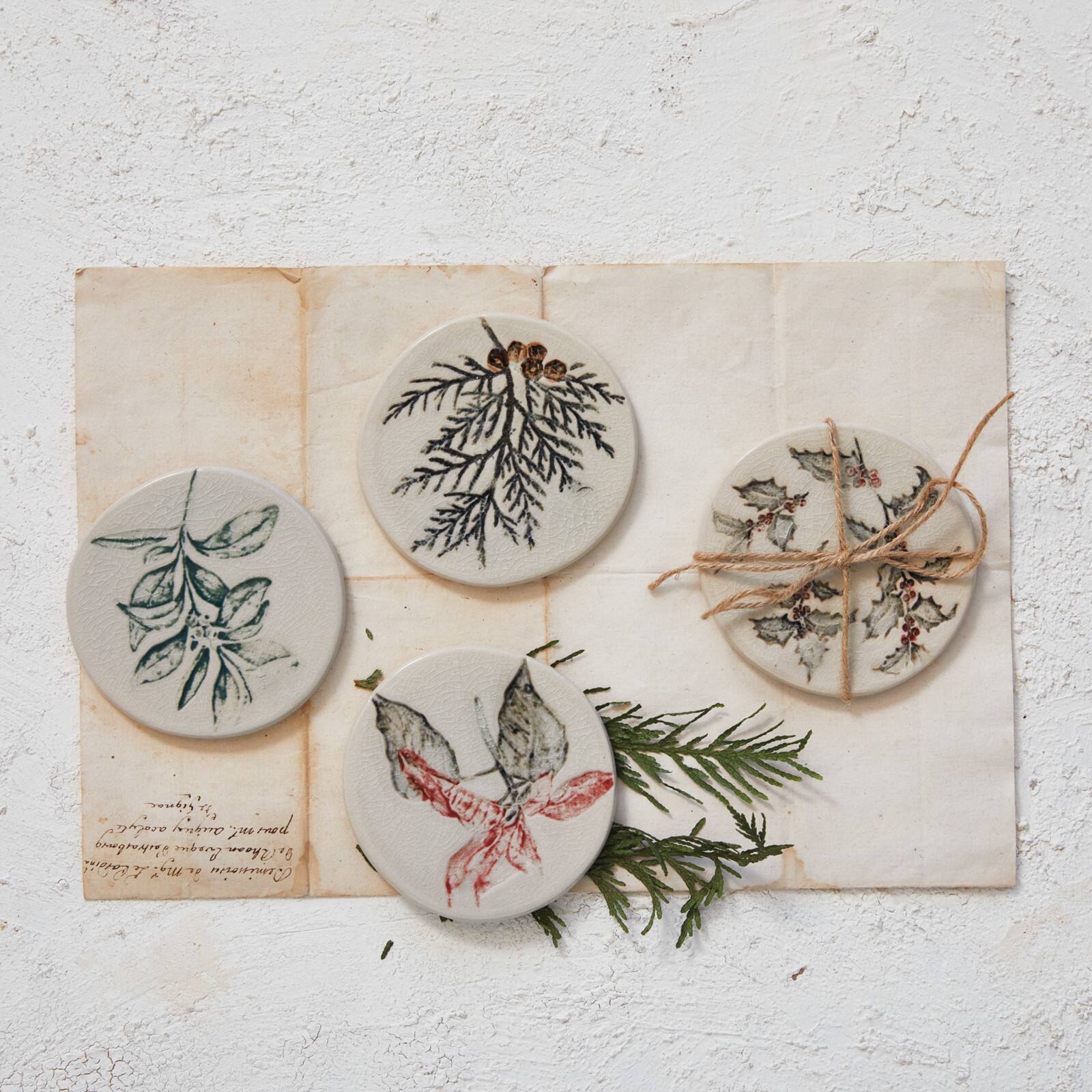 Hello Honey® 4" Debossed Seasonal Botanicals Round Stoneware Coaster Set
