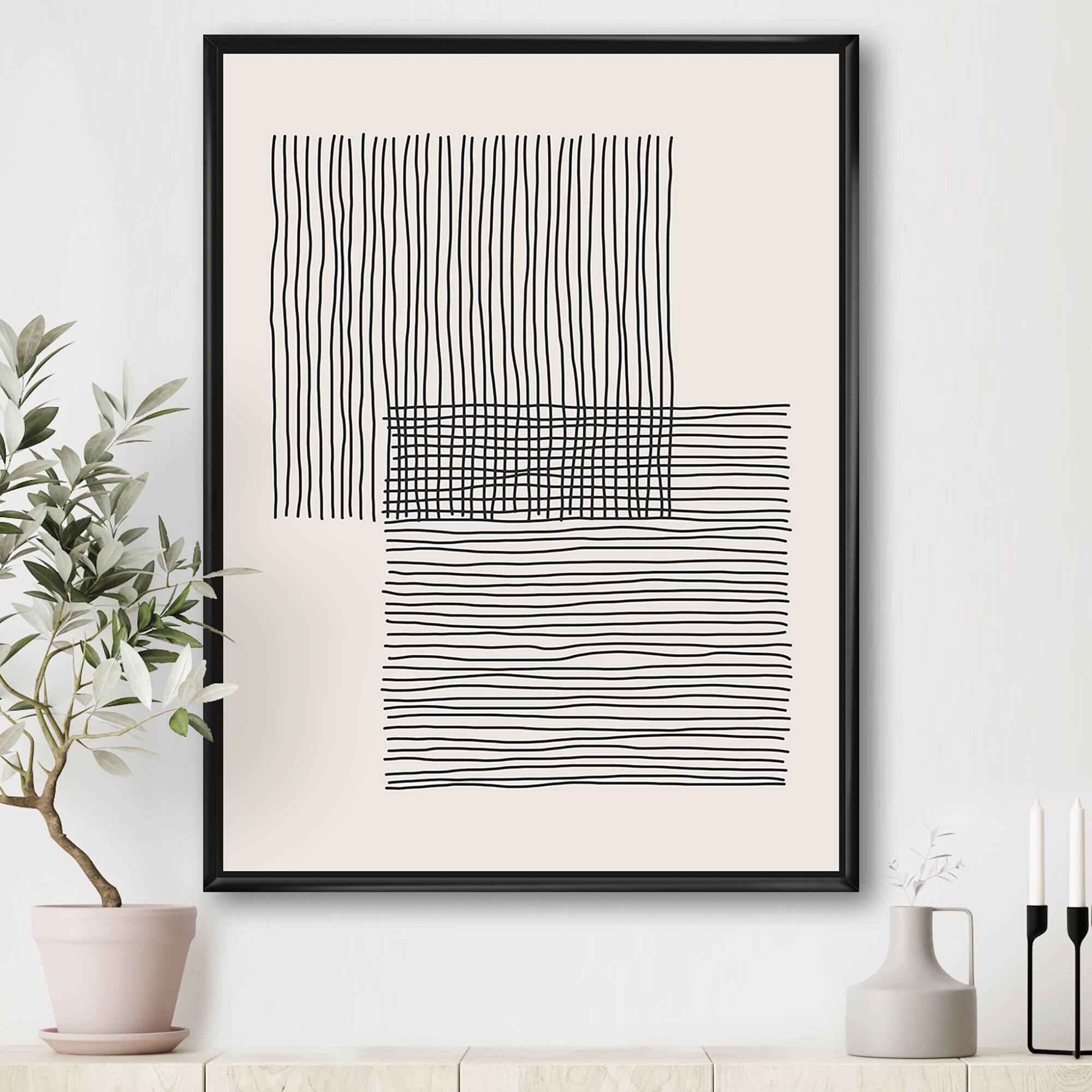 Designart - Minimal Geometric Lines And Squares II - Modern Canvas Wall Art Print in Black Frame