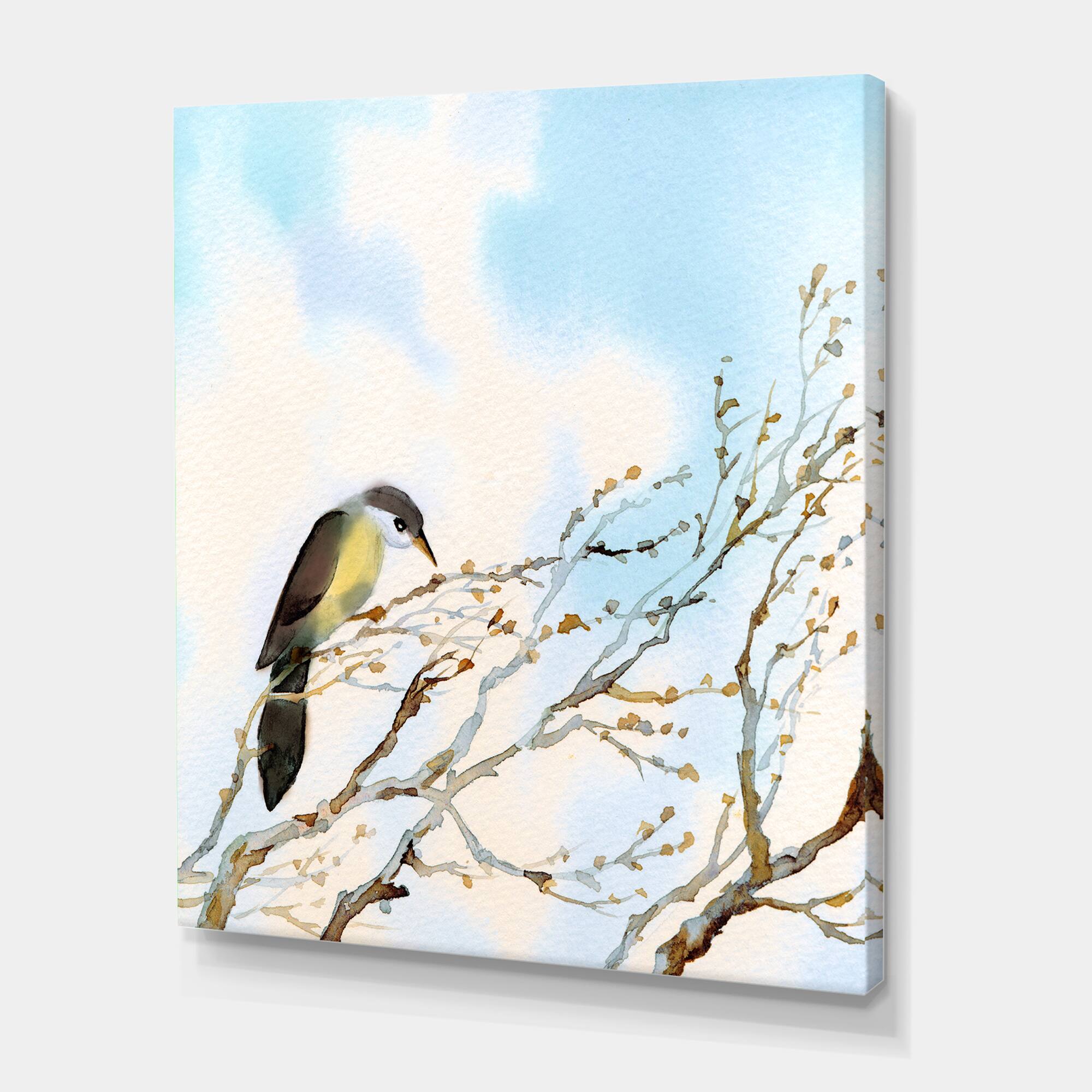 Designart - Bird On Old Bare Tree With Blue Cloudy Sky - Traditional Canvas Wall Art Print