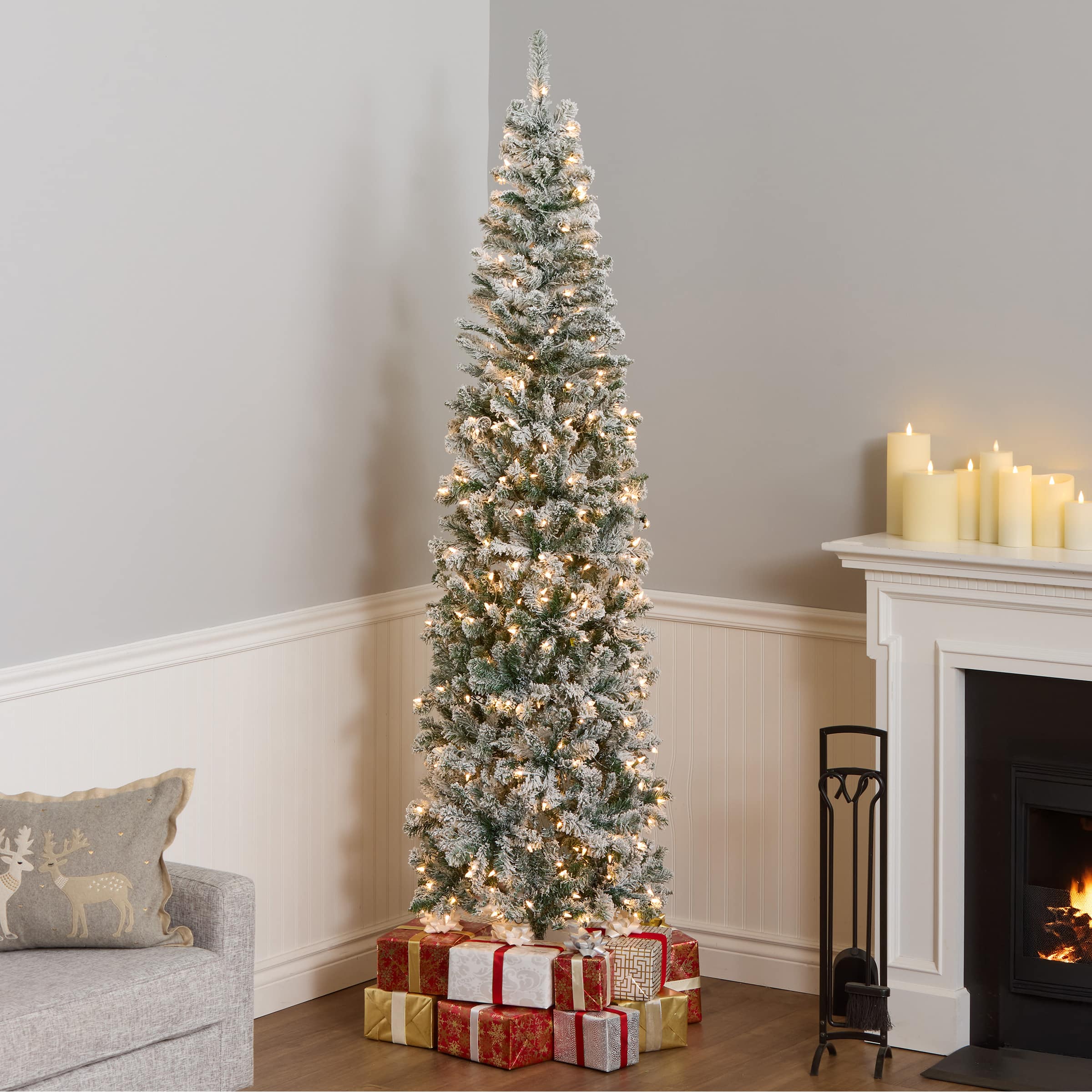 7.5ft. Pre-Lit Acacia Pencil Slim Flocked Artificial Christmas Tree, Clear Lights