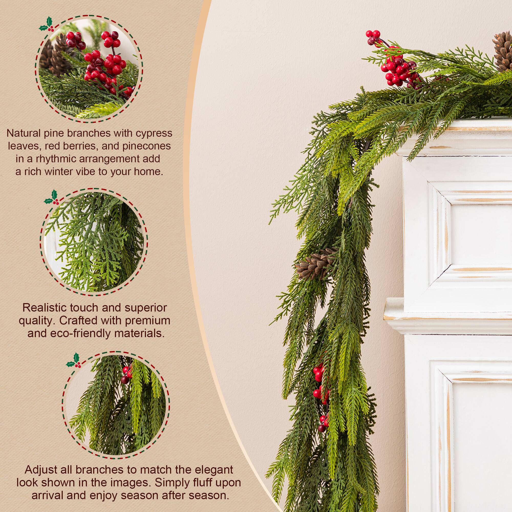 Glitzhome® 18ft. Christmas PE Dripping Garland with Pinecones and Red Berries, Set of 2