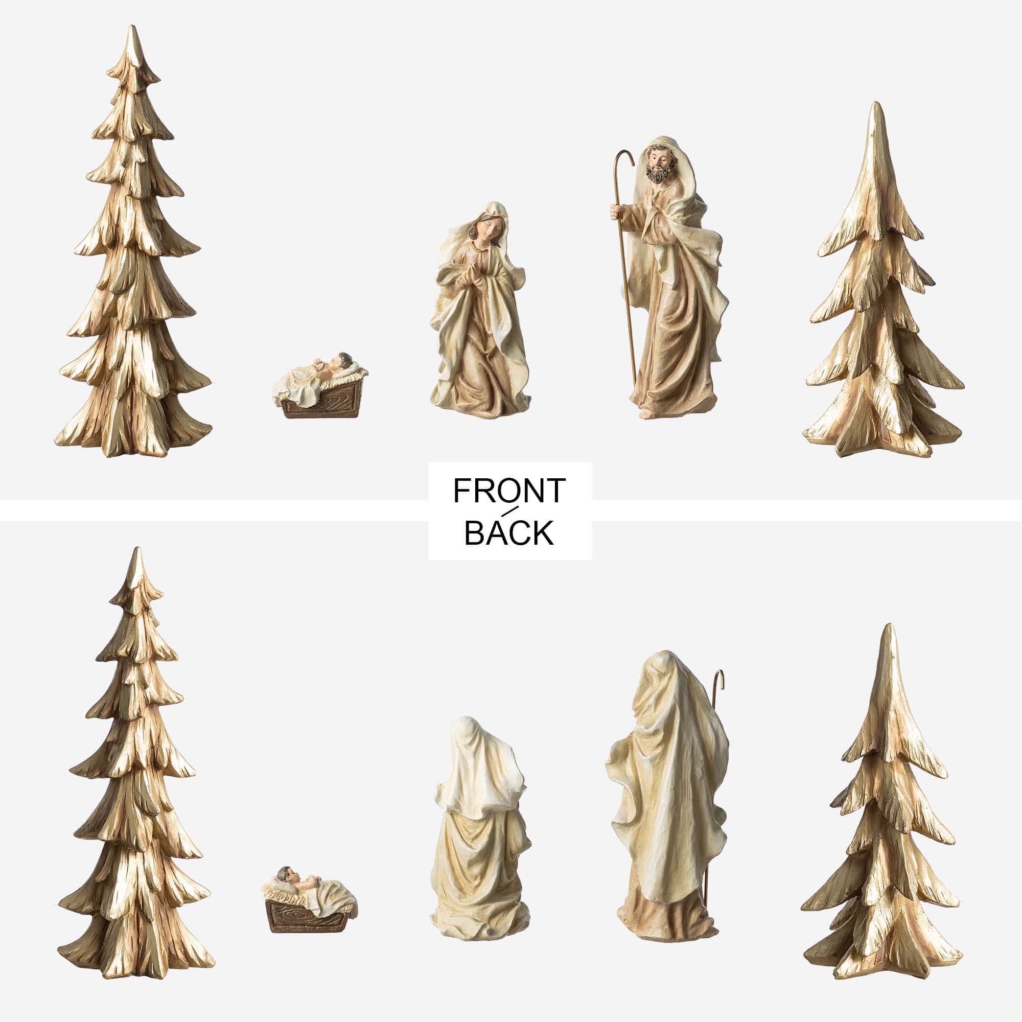 Glitzhome® 5-Piece Gold Resin Holy Family with Christmas Trees Set
