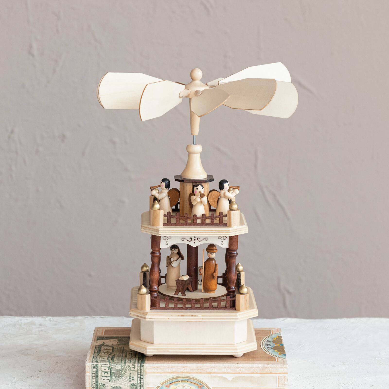 Hello Honey® 13" Musical Rotating Angels Round Wood Christmas Pyramid