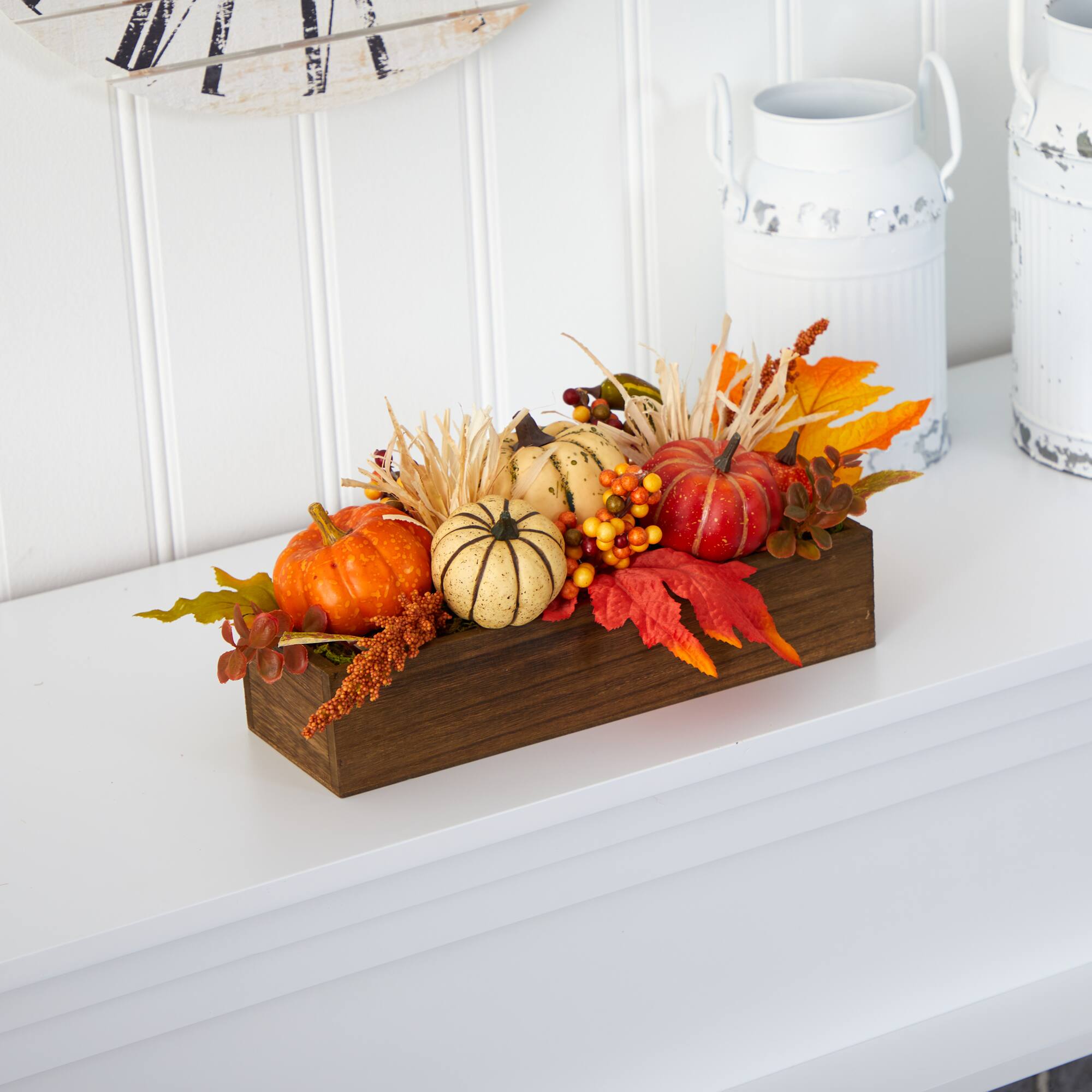 16" Harvest Pumpkin & Berries Arrangement in Wood Container
