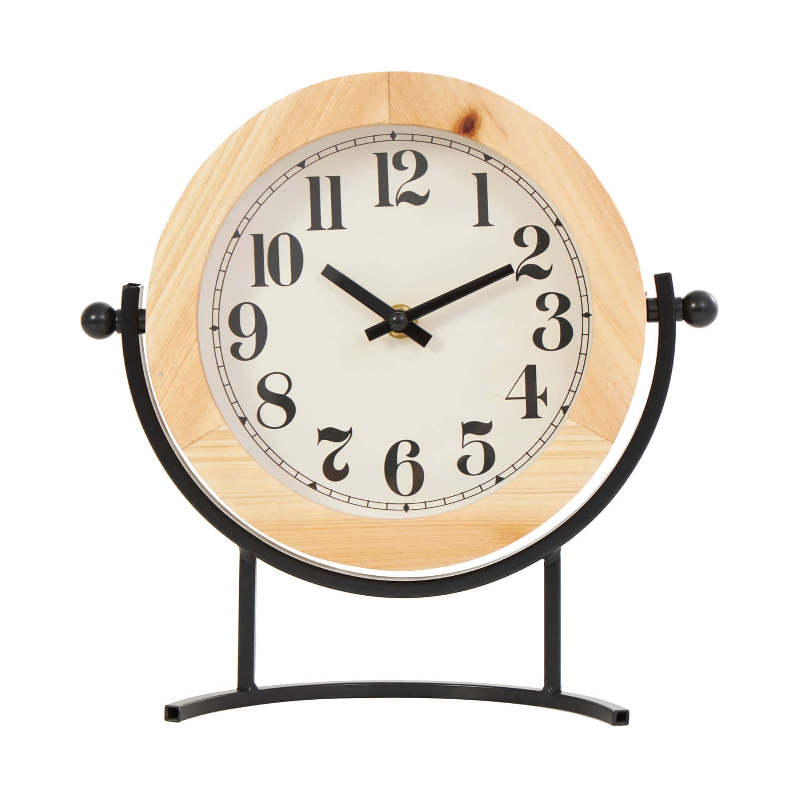 10" Light Brown Wood Clock with Curved Black Metal Stand & Ball Details