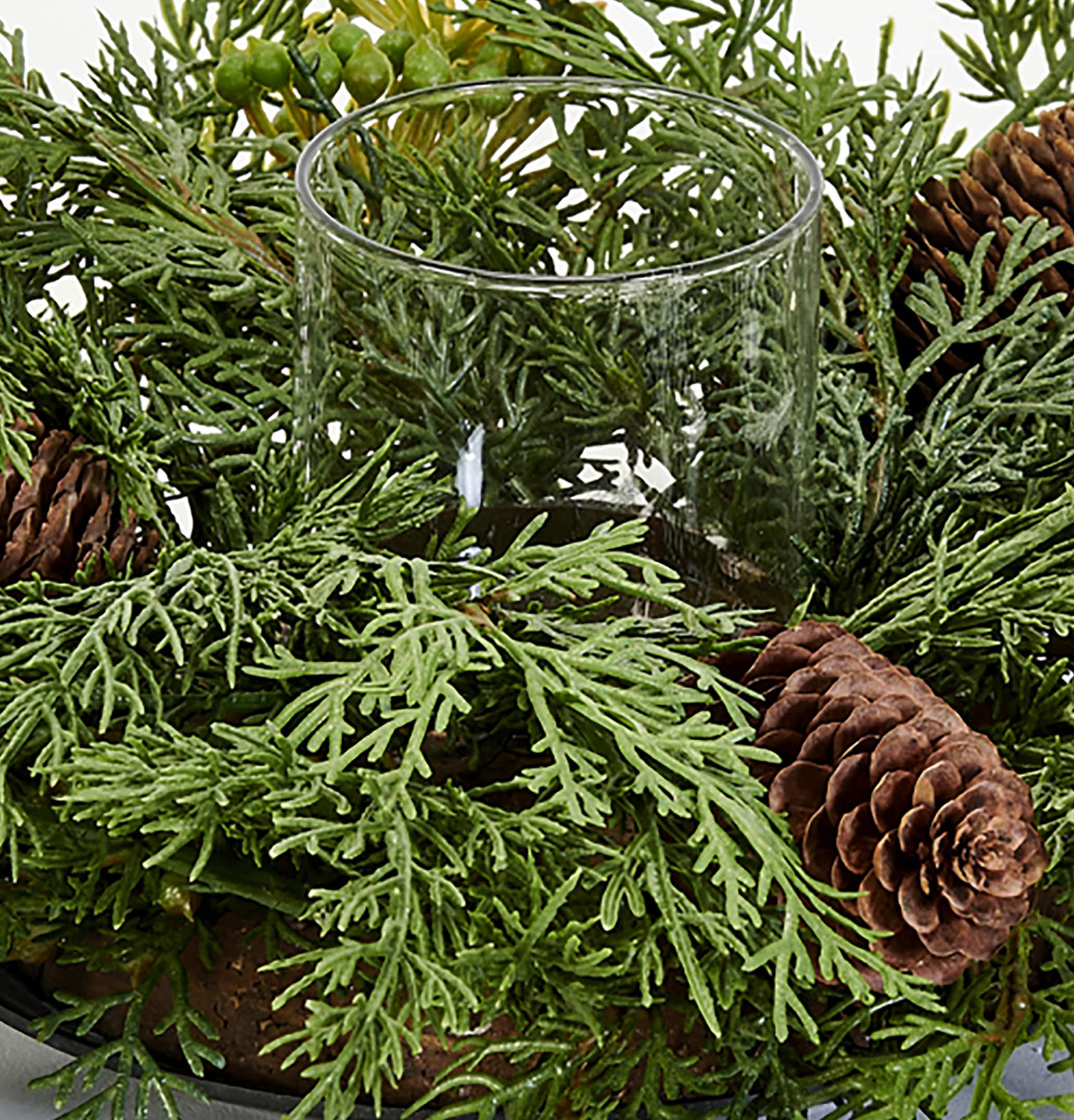 15" Christmas Cypress Centerpiece with Pinecones & Votive Holder