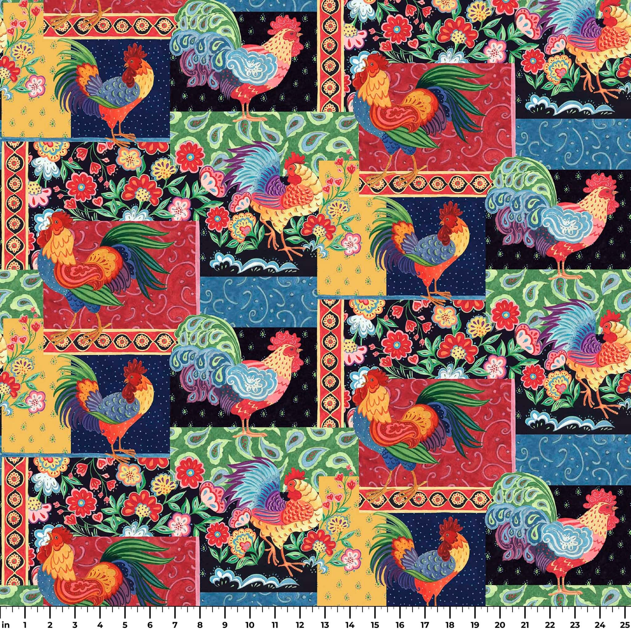 Susan Winget Calico Red Rooster Patch Cotton Fabric
