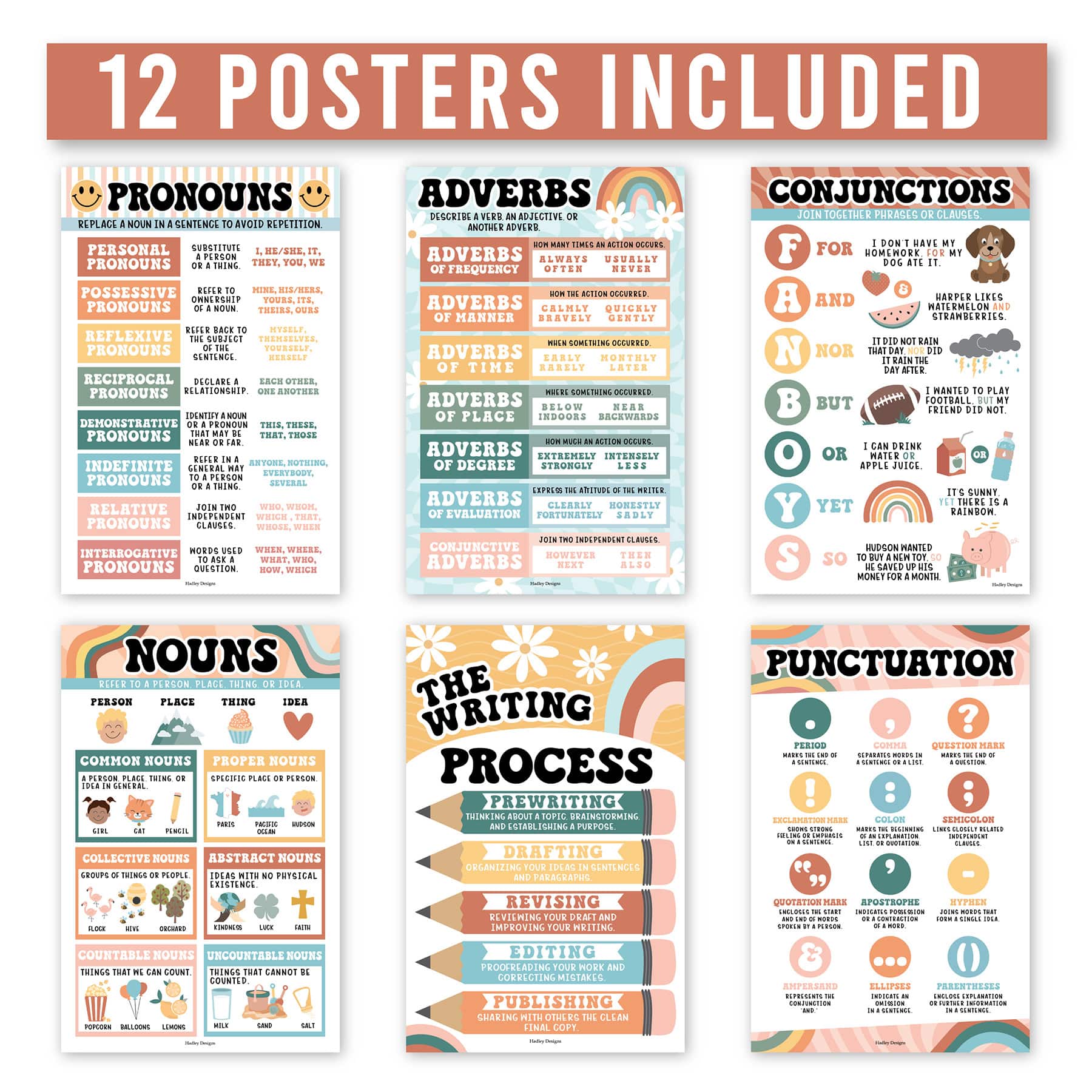 Hadley Designs 11" x 17" Retro Parts of Speech Language Arts and Grammar Laminated Posters Set