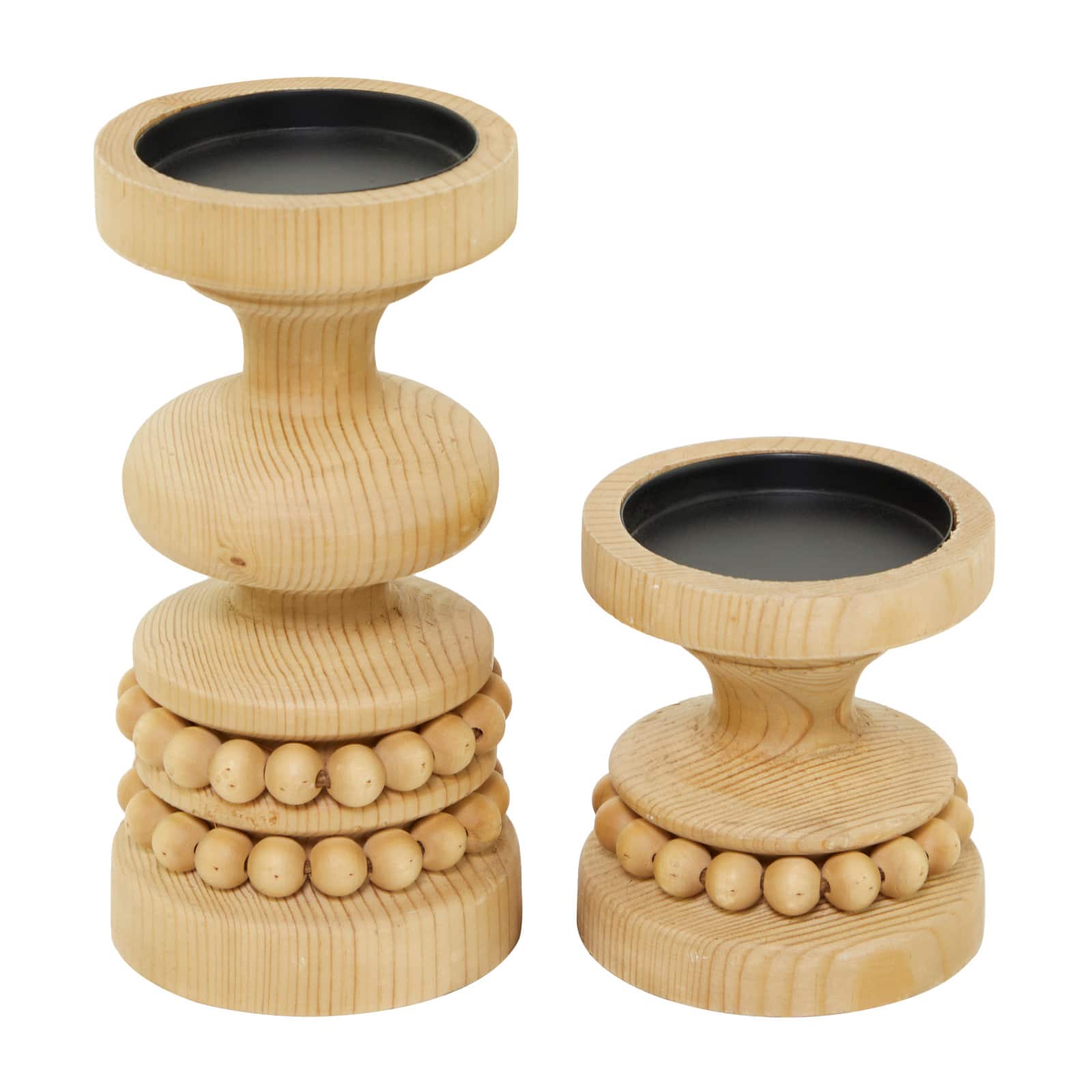 Wood Beaded Pillar Candle Holder Set