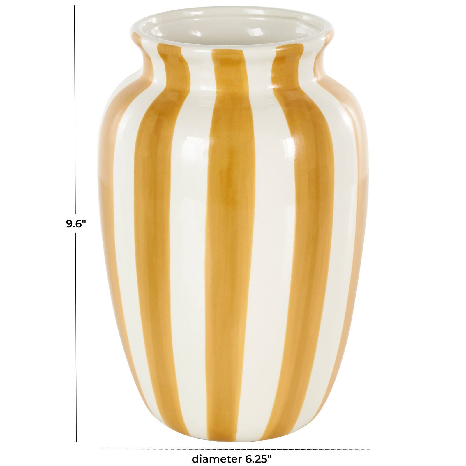 9.5" White & Yellow Stripes Round Wide Ceramic Vase