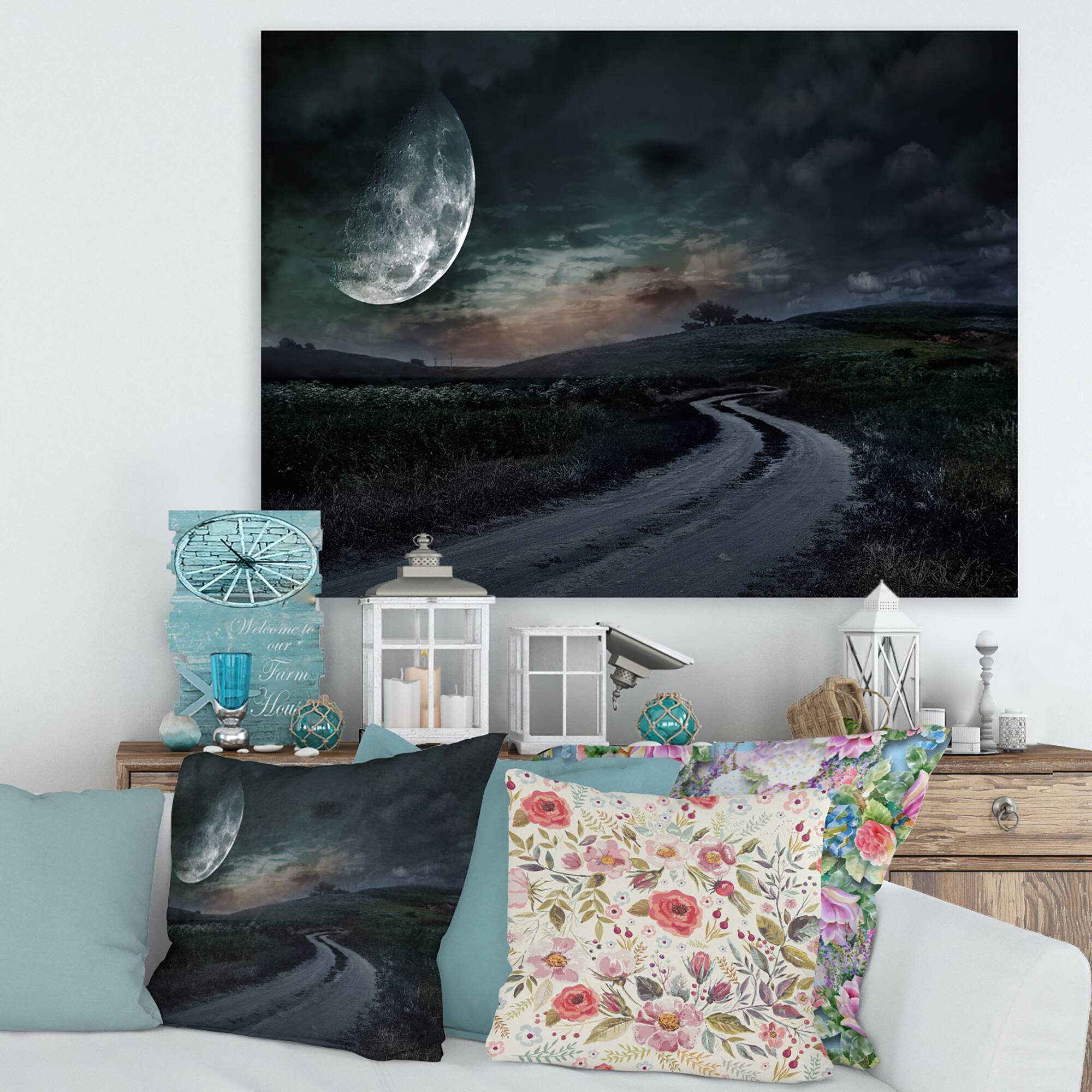 Designart - Rural Road Through The Meadow Under Full Moon - Nautical & Coastal Canvas Wall Art Print