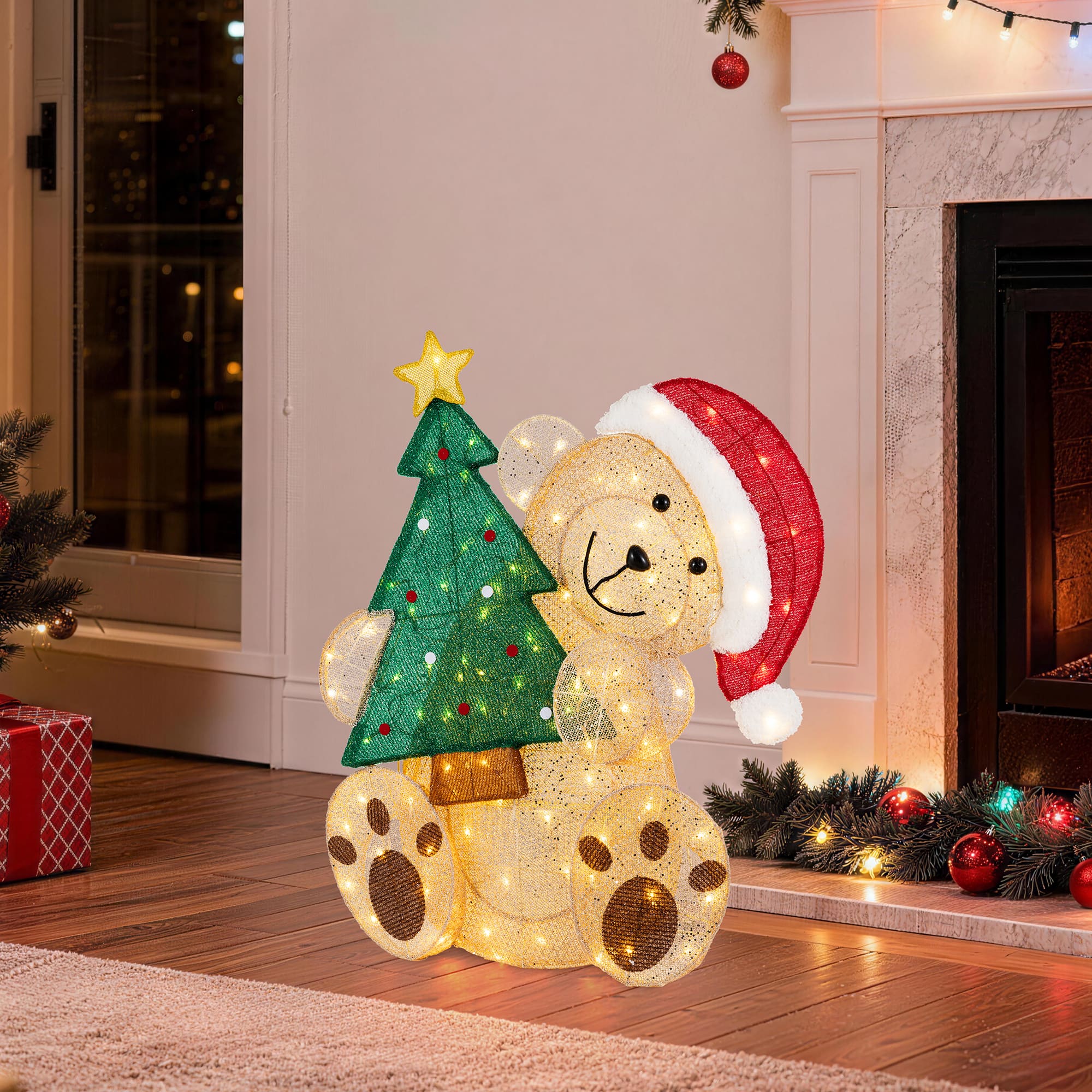 Glitzhome® 34.25" Christmas 3D Glittered Fabric Bear with Tree & 110 Warm White LED Lights