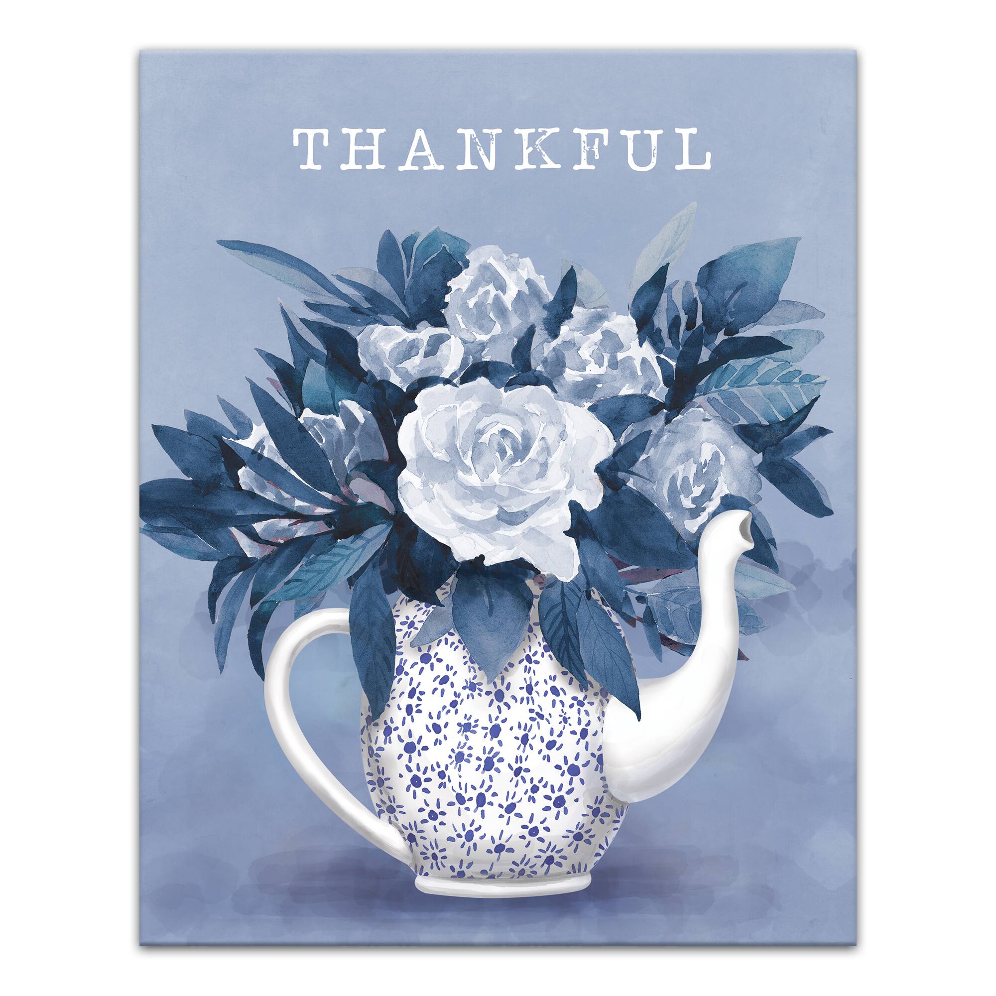 Thankful Teapot With Flowers Canvas Wall Art