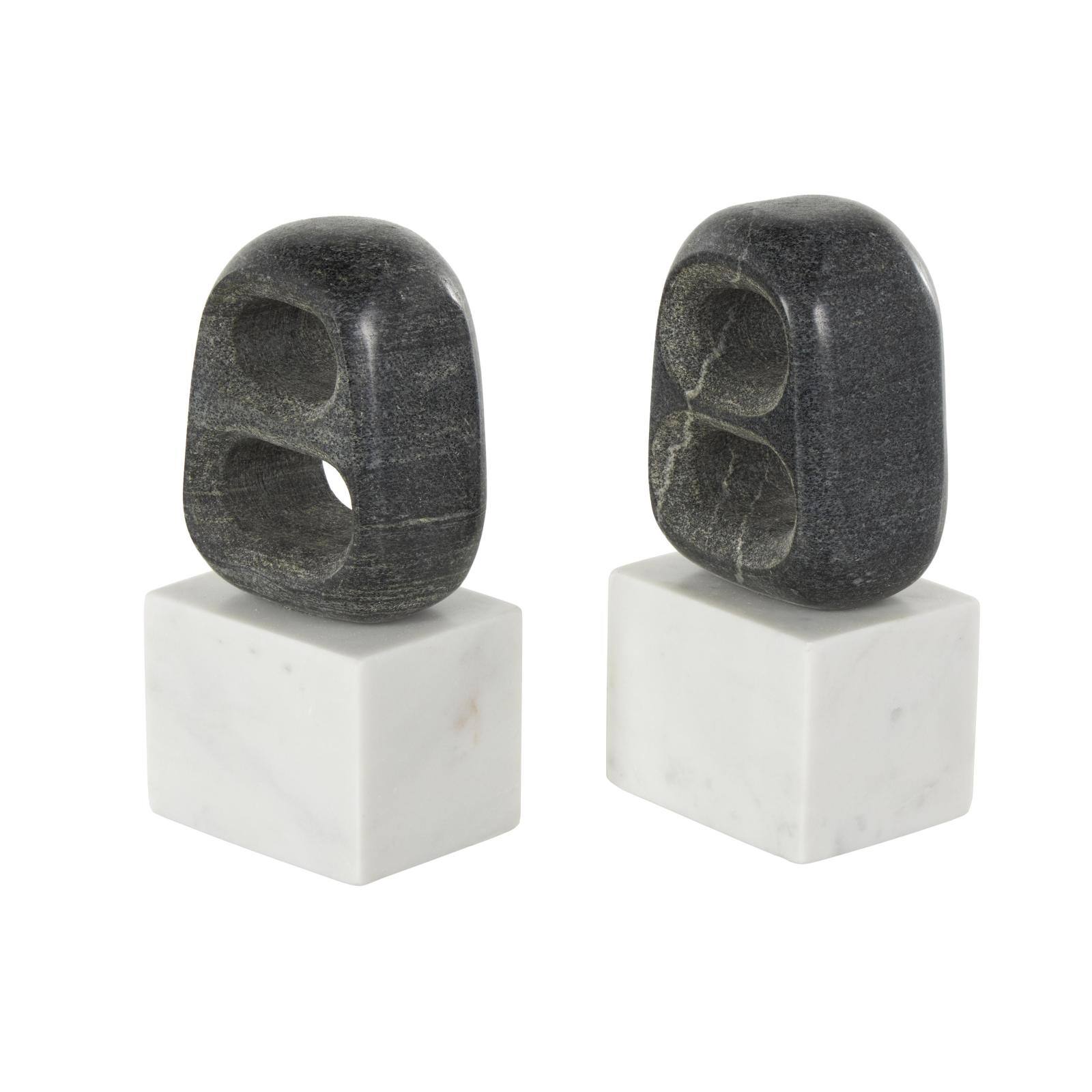 8.25" White & Black Marble Geometric Cutout Oval Bookend Set with Block Base