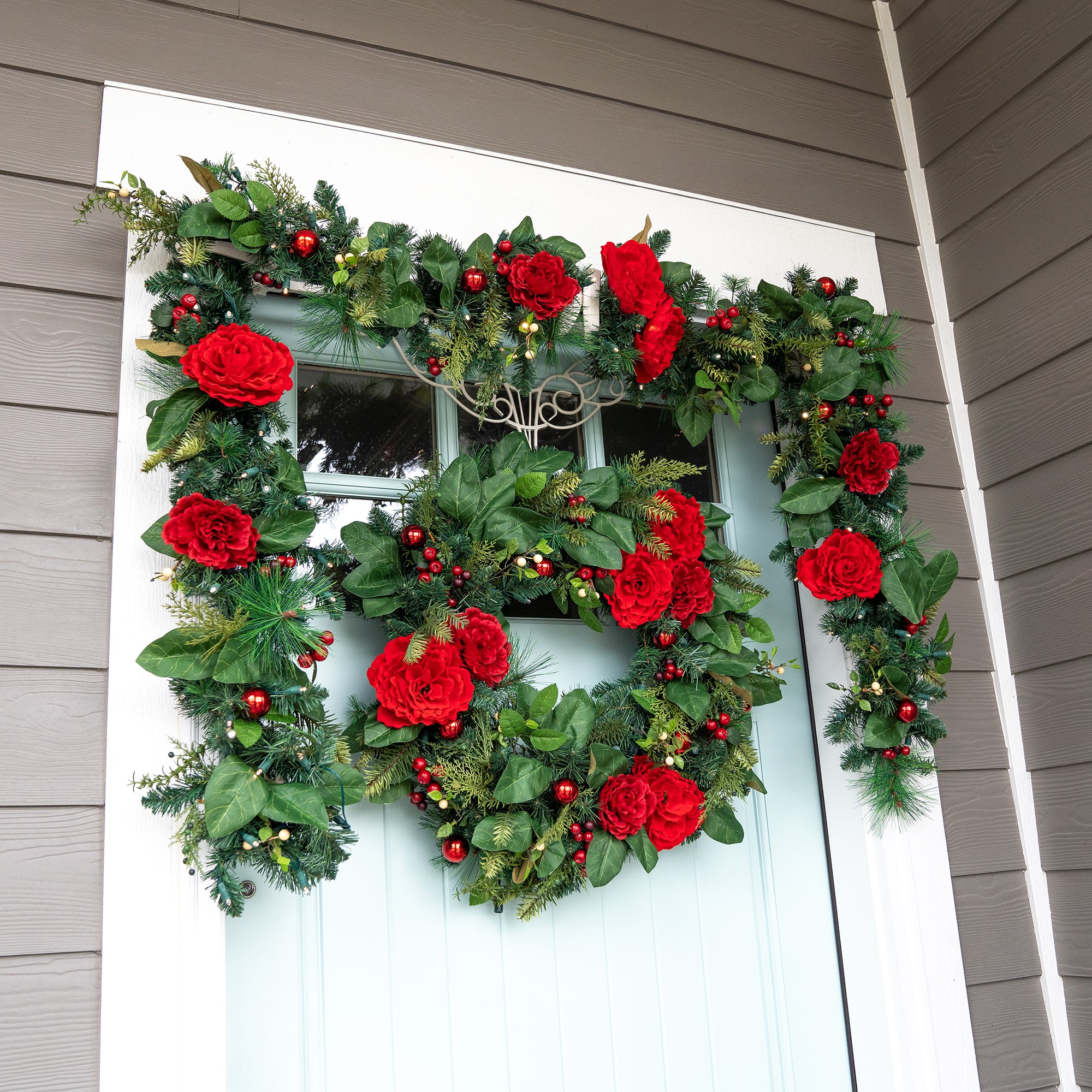 Village Lighting 9ft. Pre-Lit LED Red Peonies & Berry Garland