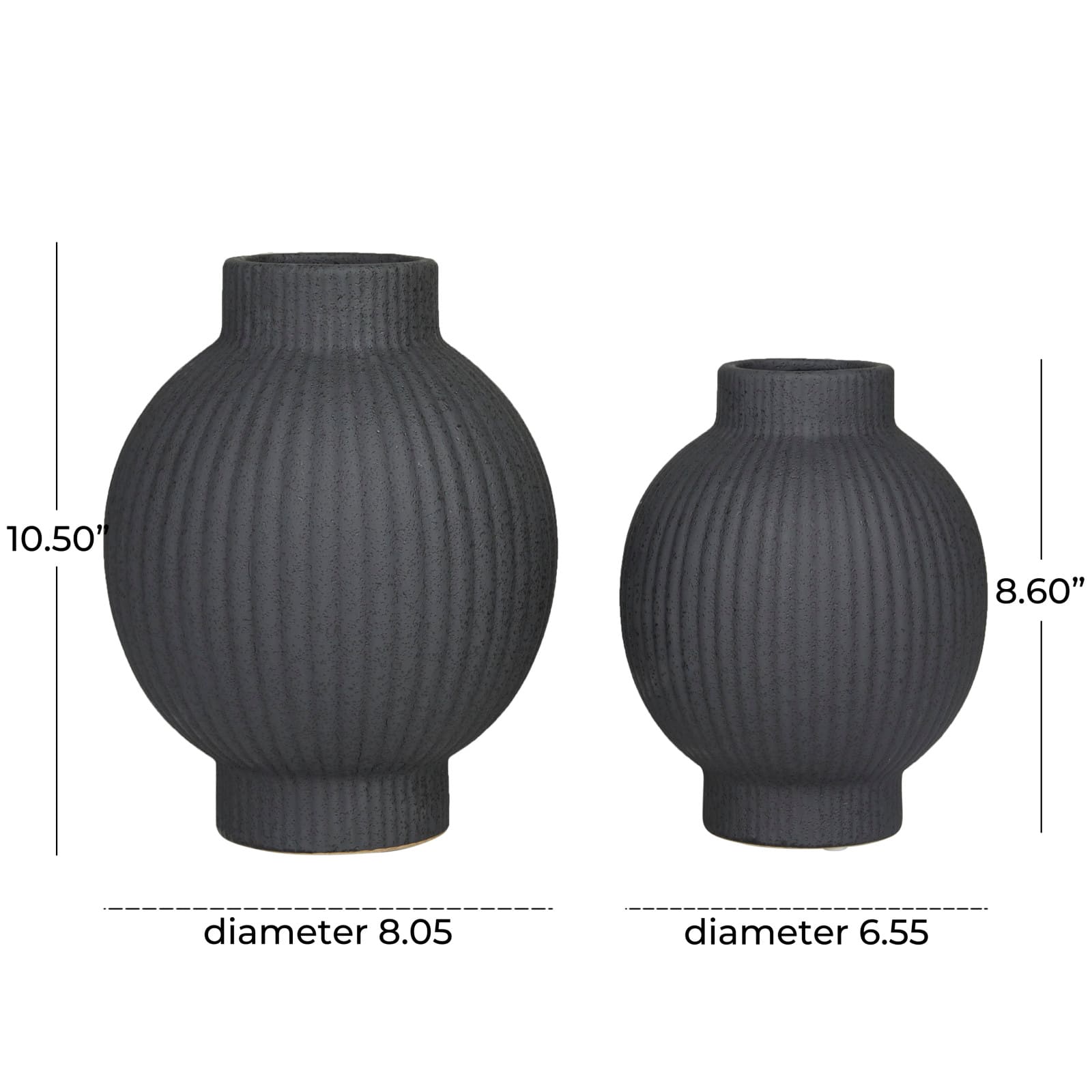 CosmoLiving by Cosmopolitan Black Ceramic Ribbed Vase Set of 2 11", 9"