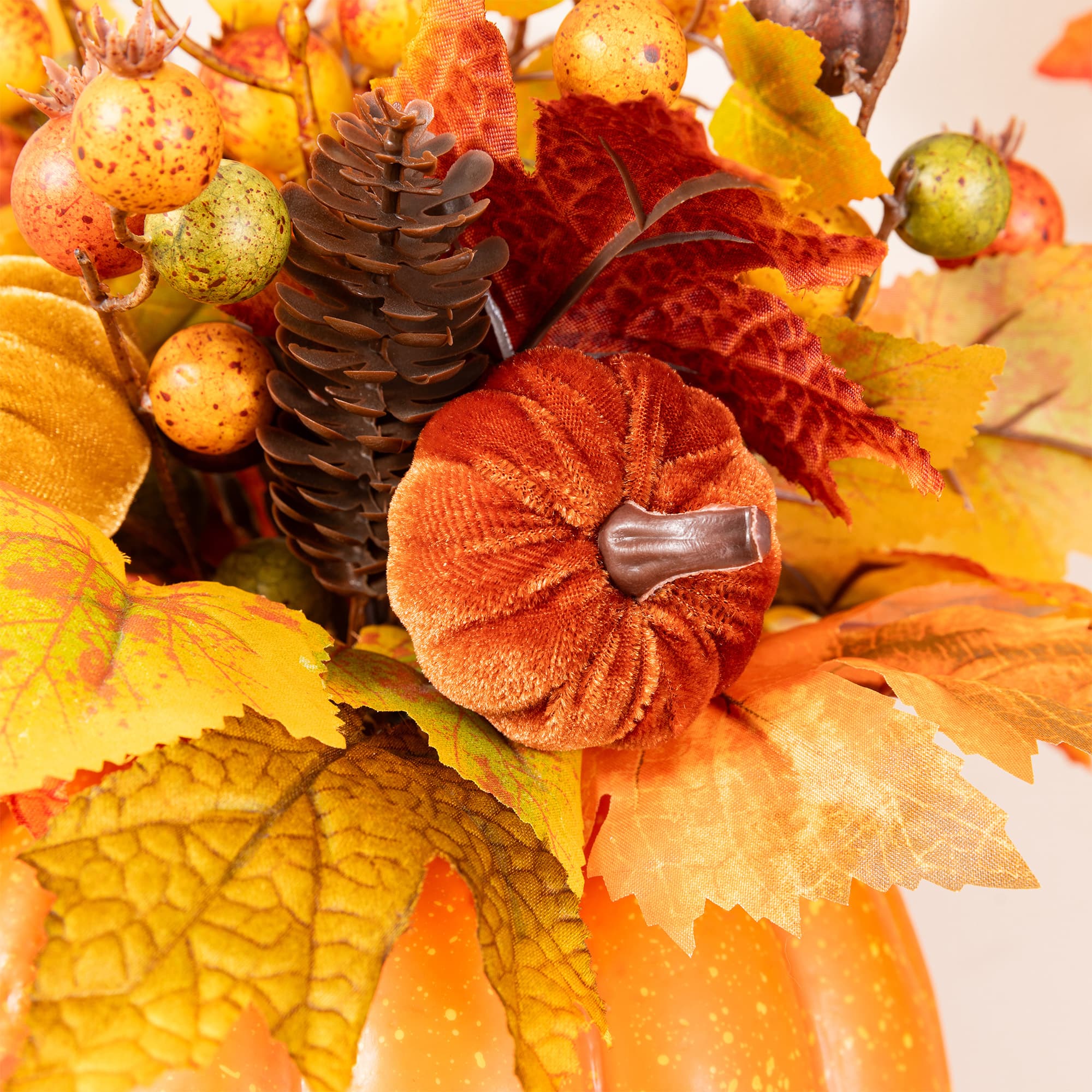 Glitzhome® 15" Fall Velvet Pumpkin, Pinecone & Berry Centerpiece