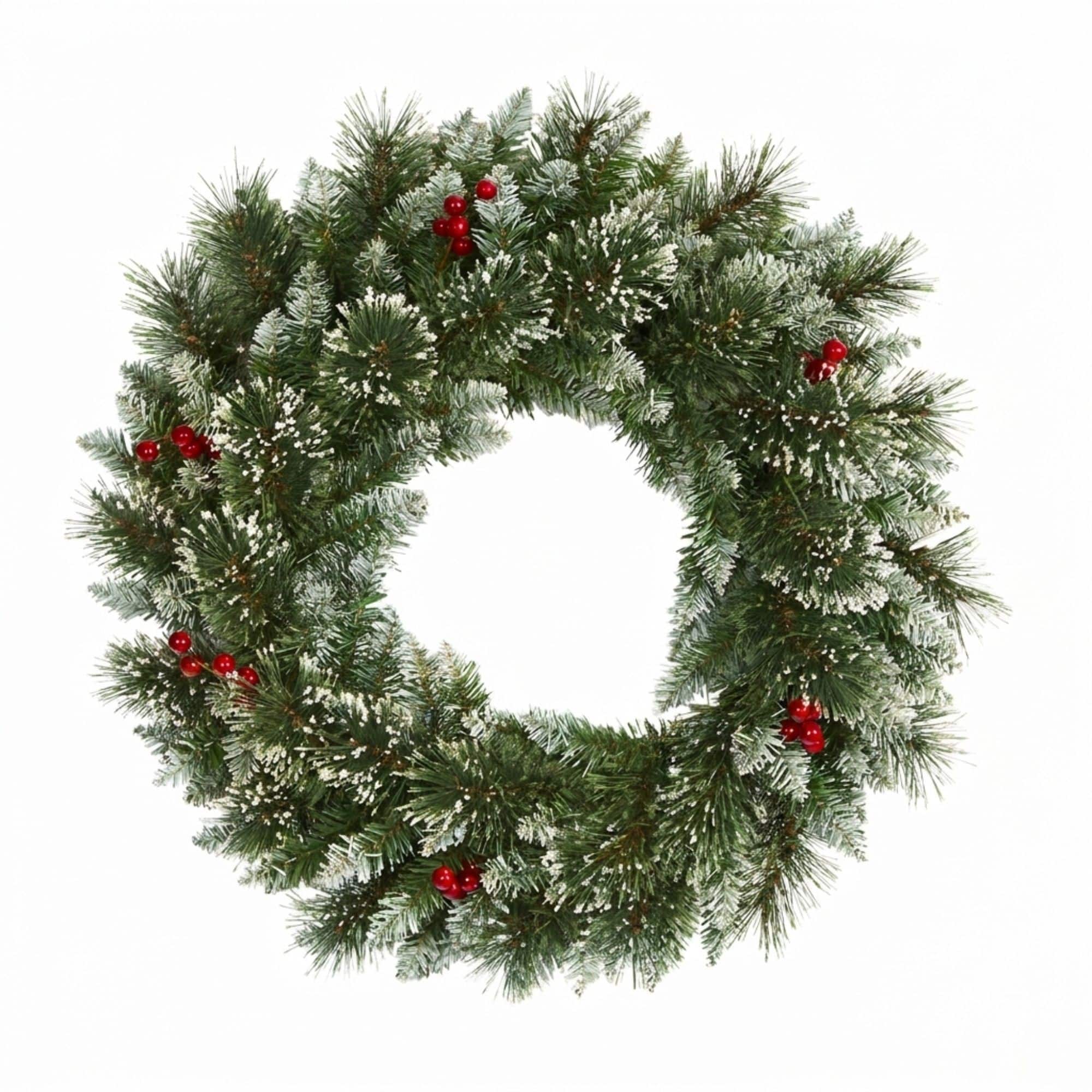 Nearly Natural 24" Artificial Frosted Swiss Pine Wreath with Berries