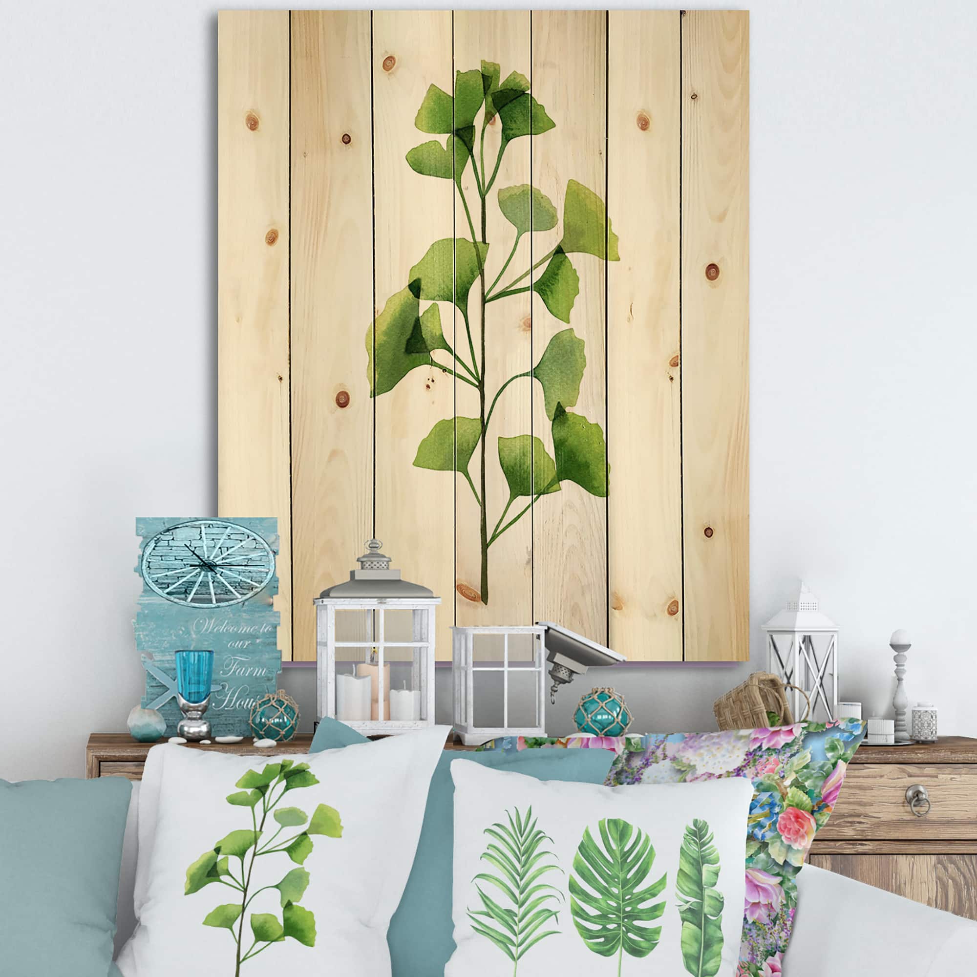 Designart - Green Field Plant Foliage - Farmhouse Print on Natural Pine Wood