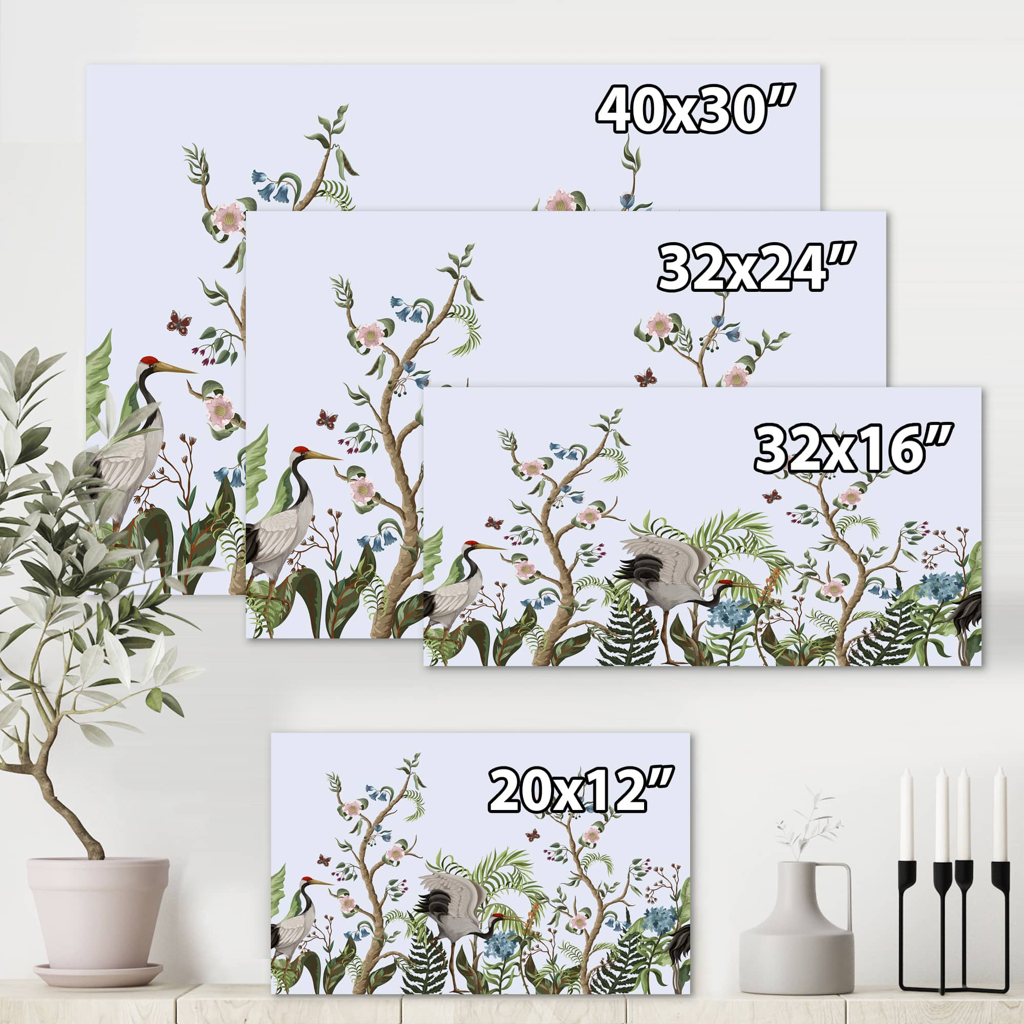 Designart - Border With Cranes & Peonies In Chinoiserie Style - Traditional Canvas Wall Art Print